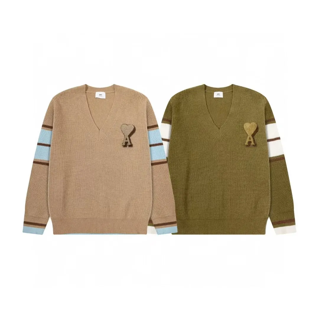 8201# Ami Paris2025 [New product for autumn and winter] Zhou Yiran's same love towel embroidered jacquard ADC wool V-neck sweater, college style, same style for men and women, Oversize version, color: camel, brown green, size S-XL
