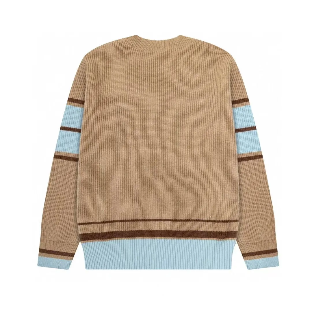 8201# Ami Paris2025 [New product for autumn and winter] Zhou Yiran's same love towel embroidered jacquard ADC wool V-neck sweater, college style, same style for men and women, Oversize version, color: camel, brown green, size S-XL