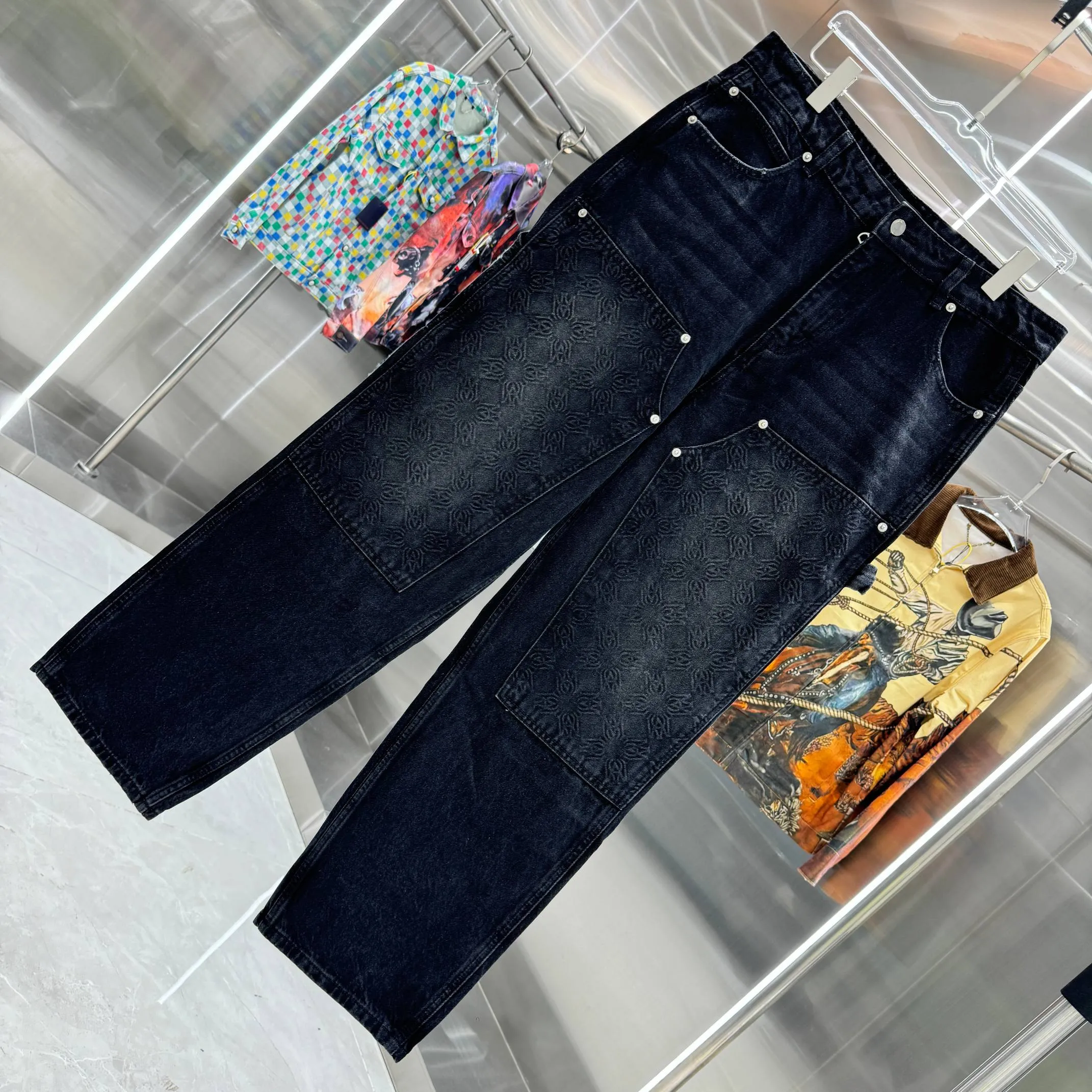 P250 Amiri Dark Pattern Jacquard Workwear Street Trend Loose Straight Jeans Color Black Size 30 32 34 36
