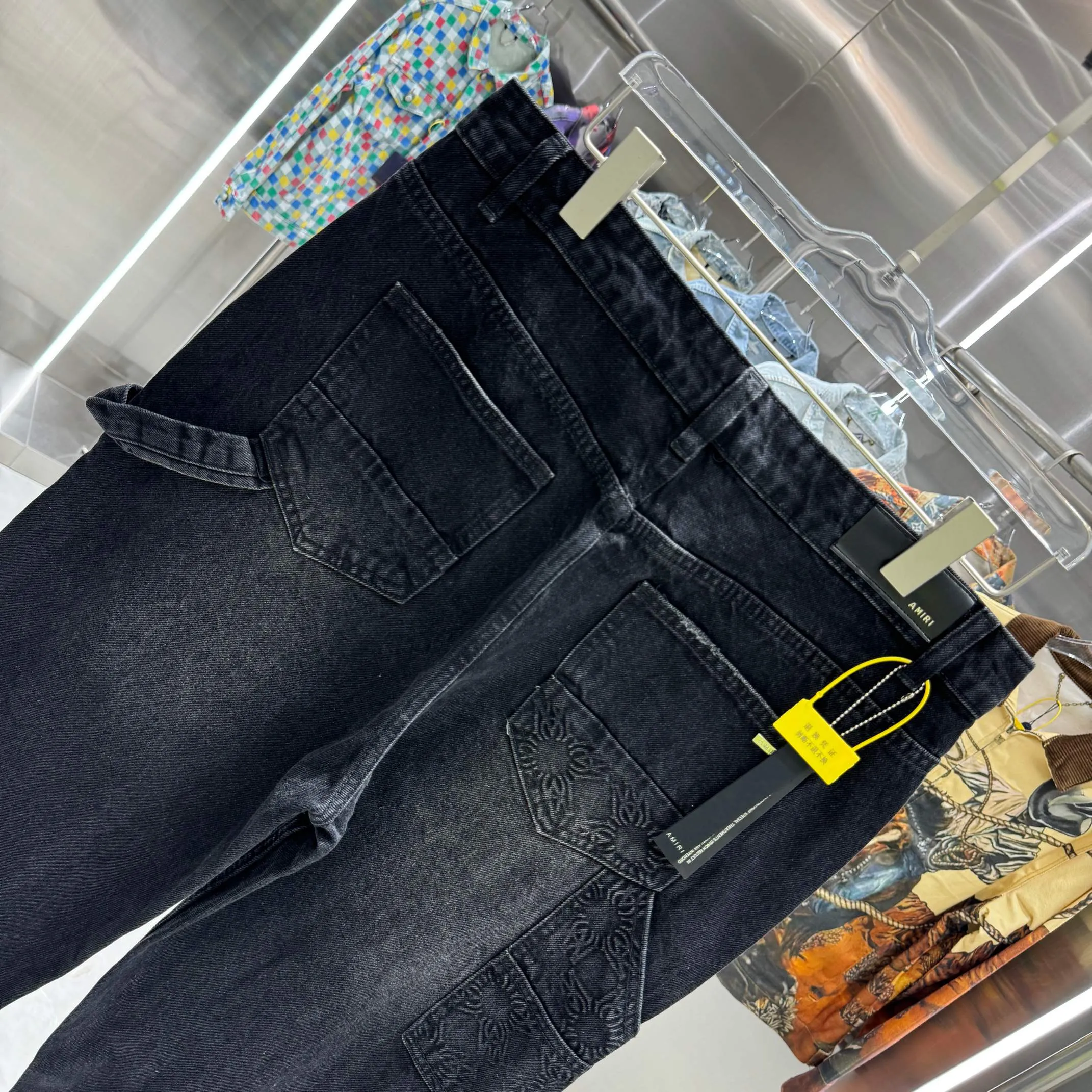 P250 Amiri Dark Pattern Jacquard Workwear Street Trend Loose Straight Jeans Color Black Size 30 32 34 36