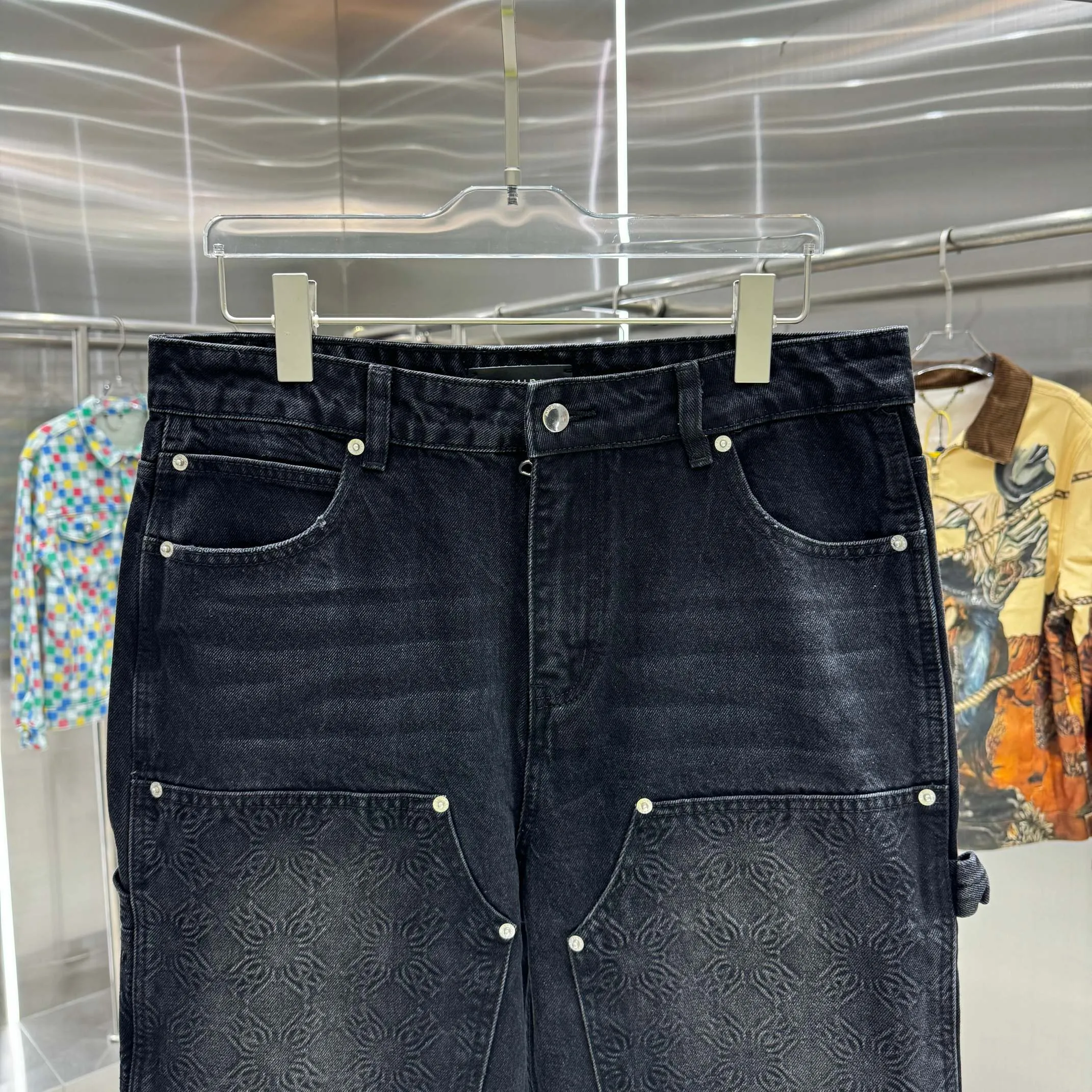 P250 Amiri Dark Pattern Jacquard Workwear Street Trend Loose Straight Jeans Color Black Size 30 32 34 36