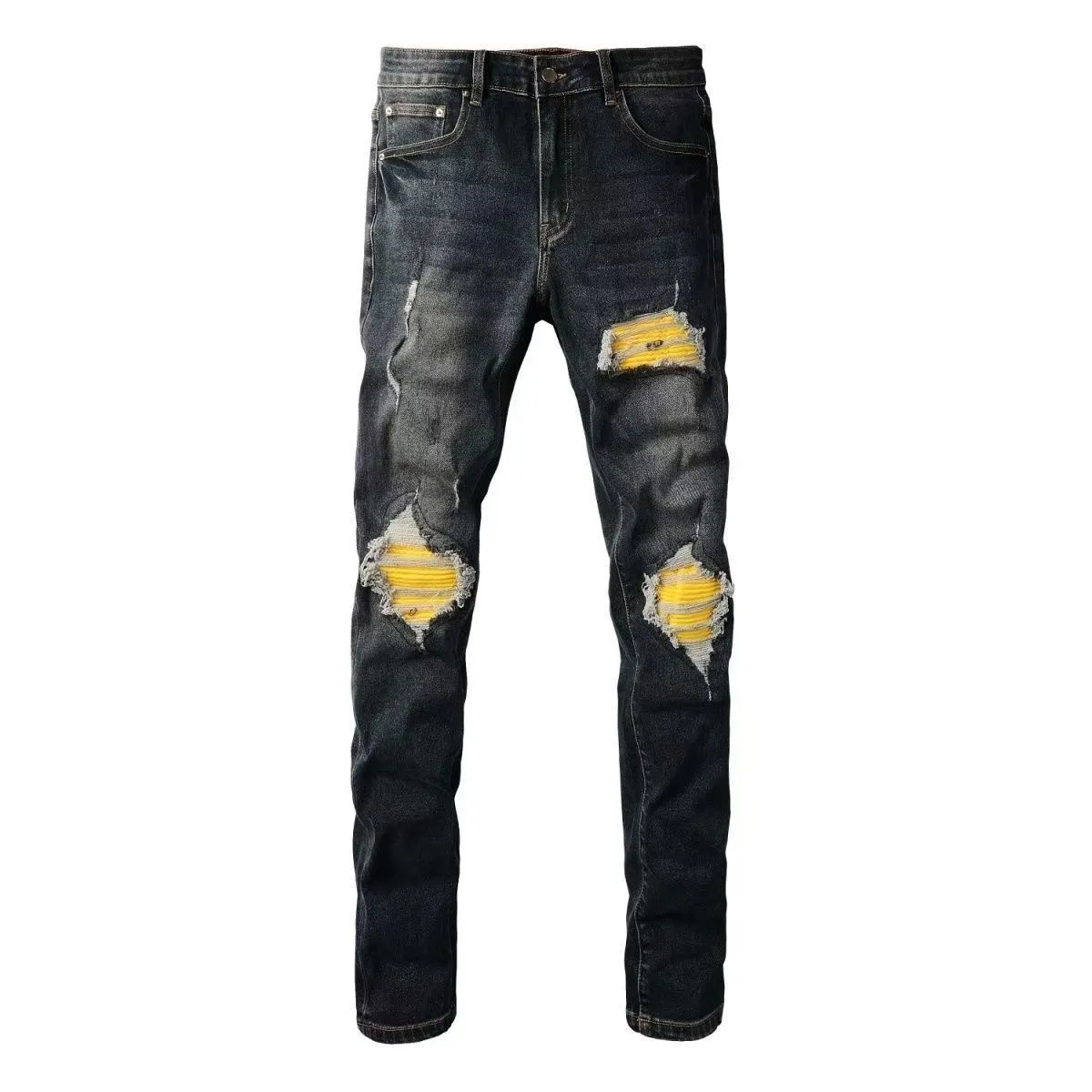 #M55 P168💰 AMIRI patch embroidery jeans trousers AMIRI high street basic ripped tight elastic jeans trousers amiri brand jeans break the production process and cutting of the original jeans, the fabrics are softer and more comfortable Hand-sewn collar label Customized logo buttons Genuine leather tag Color: Picture color Size: 30-32-34-36