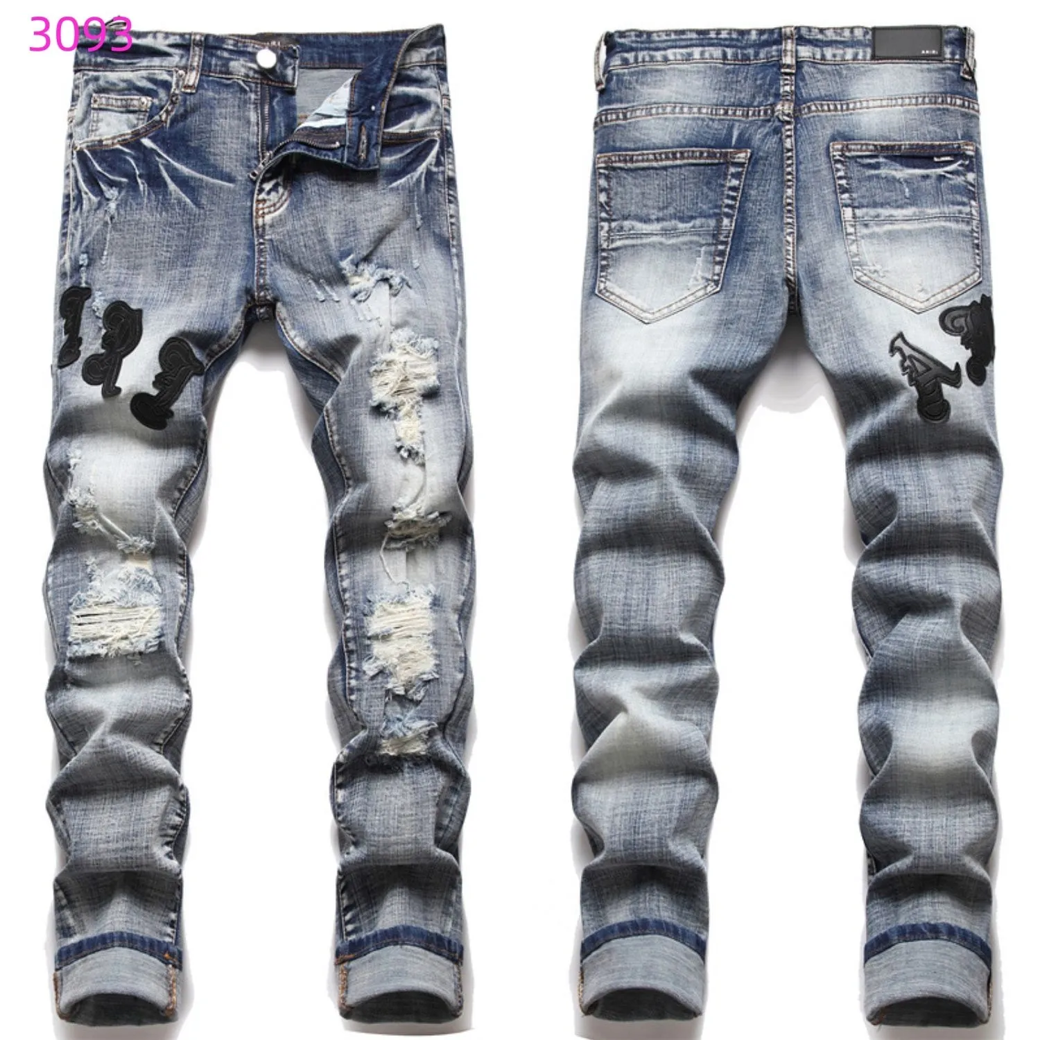 #M59 P168💰 AMIRI patch embroidery jeans trousers AMIRI high street basic ripped tight elastic jeans trousers amiri brand jeans break the production process and cutting of the original jeans, the fabrics are softer and more comfortable Hand-sewn collar label Customized logo buttons Genuine leather tag Color: Picture color Size: 30-32-34-36