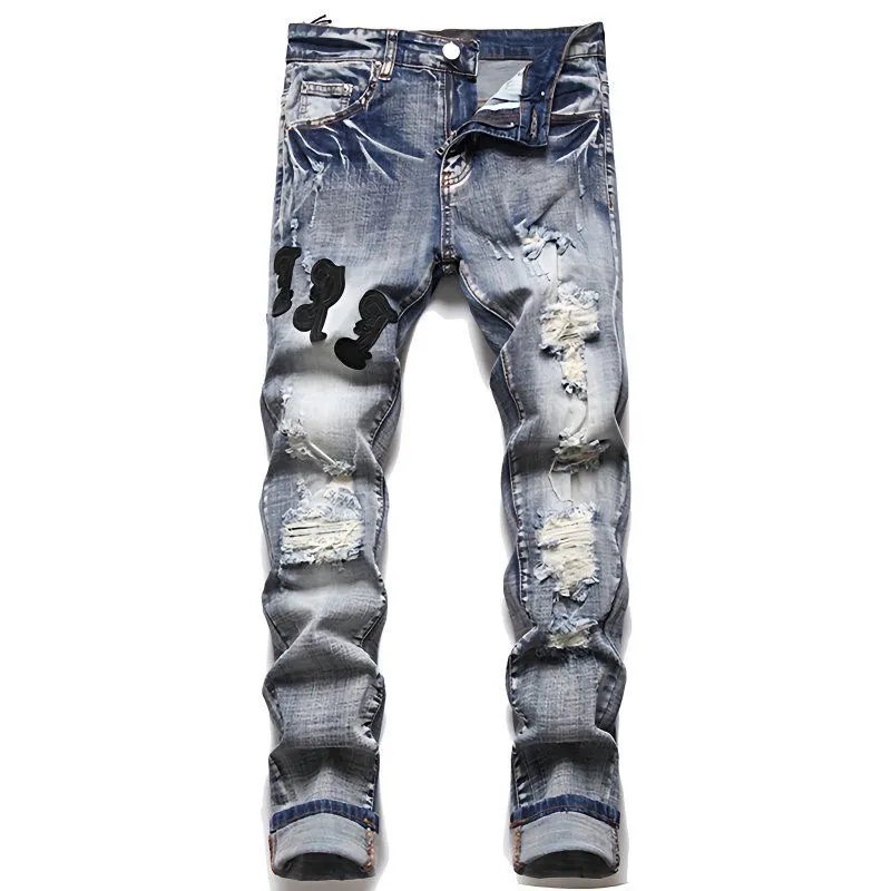 #M59 P168💰 AMIRI patch embroidery jeans trousers AMIRI high street basic ripped tight elastic jeans trousers amiri brand jeans break the production process and cutting of the original jeans, the fabrics are softer and more comfortable Hand-sewn collar label Customized logo buttons Genuine leather tag Color: Picture color Size: 30-32-34-36