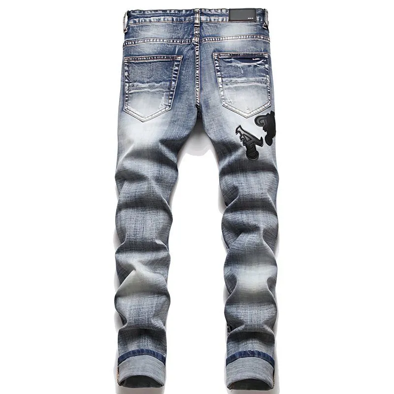 #M59 P168💰 AMIRI patch embroidery jeans trousers AMIRI high street basic ripped tight elastic jeans trousers amiri brand jeans break the production process and cutting of the original jeans, the fabrics are softer and more comfortable Hand-sewn collar label Customized logo buttons Genuine leather tag Color: Picture color Size: 30-32-34-36