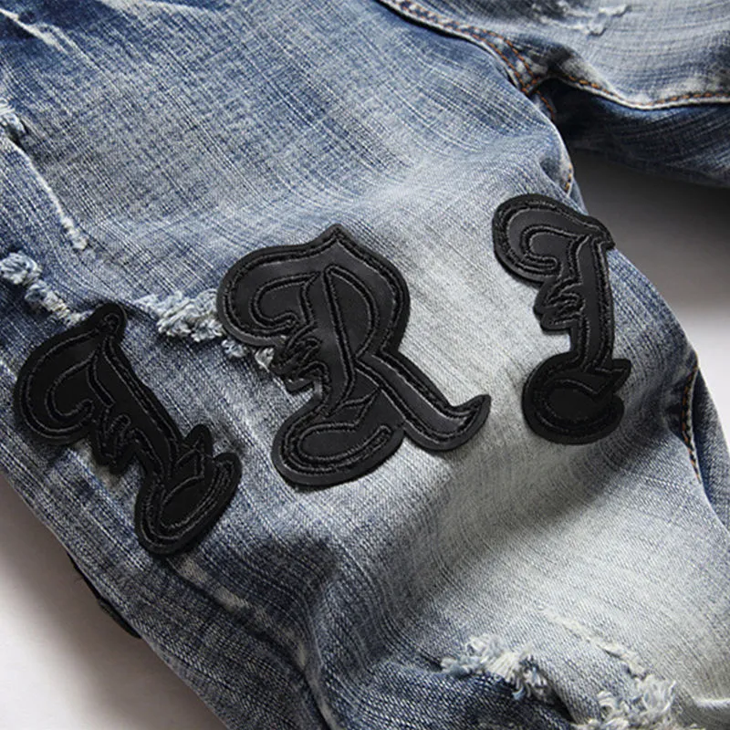 #M59 P168💰 AMIRI patch embroidery jeans trousers AMIRI high street basic ripped tight elastic jeans trousers amiri brand jeans break the production process and cutting of the original jeans, the fabrics are softer and more comfortable Hand-sewn collar label Customized logo buttons Genuine leather tag Color: Picture color Size: 30-32-34-36