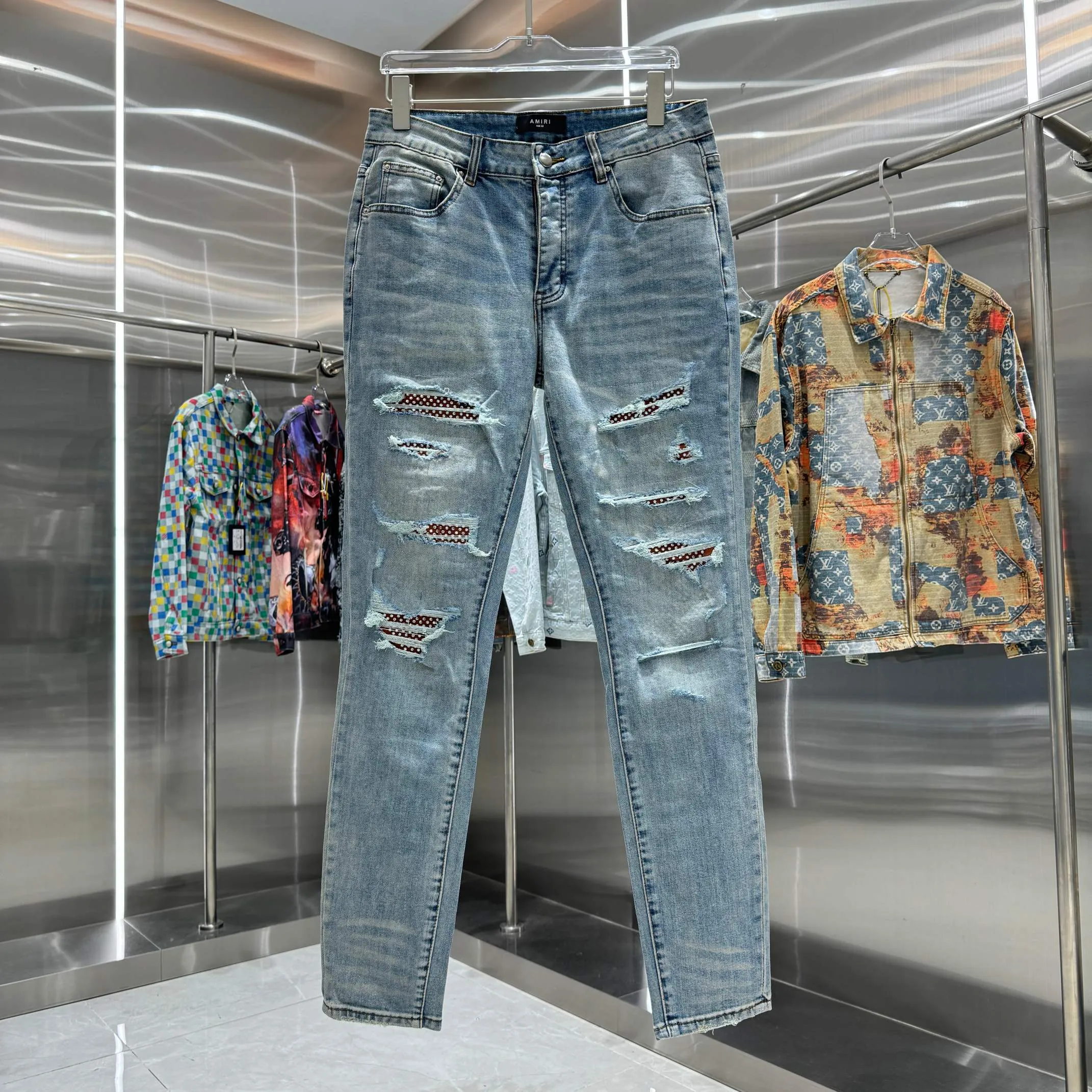 P290 Amiri ripped patchwork hot rhinestone craft street fashion slim fit stretch jeans Color Blue Size 30 32 34 36 38
