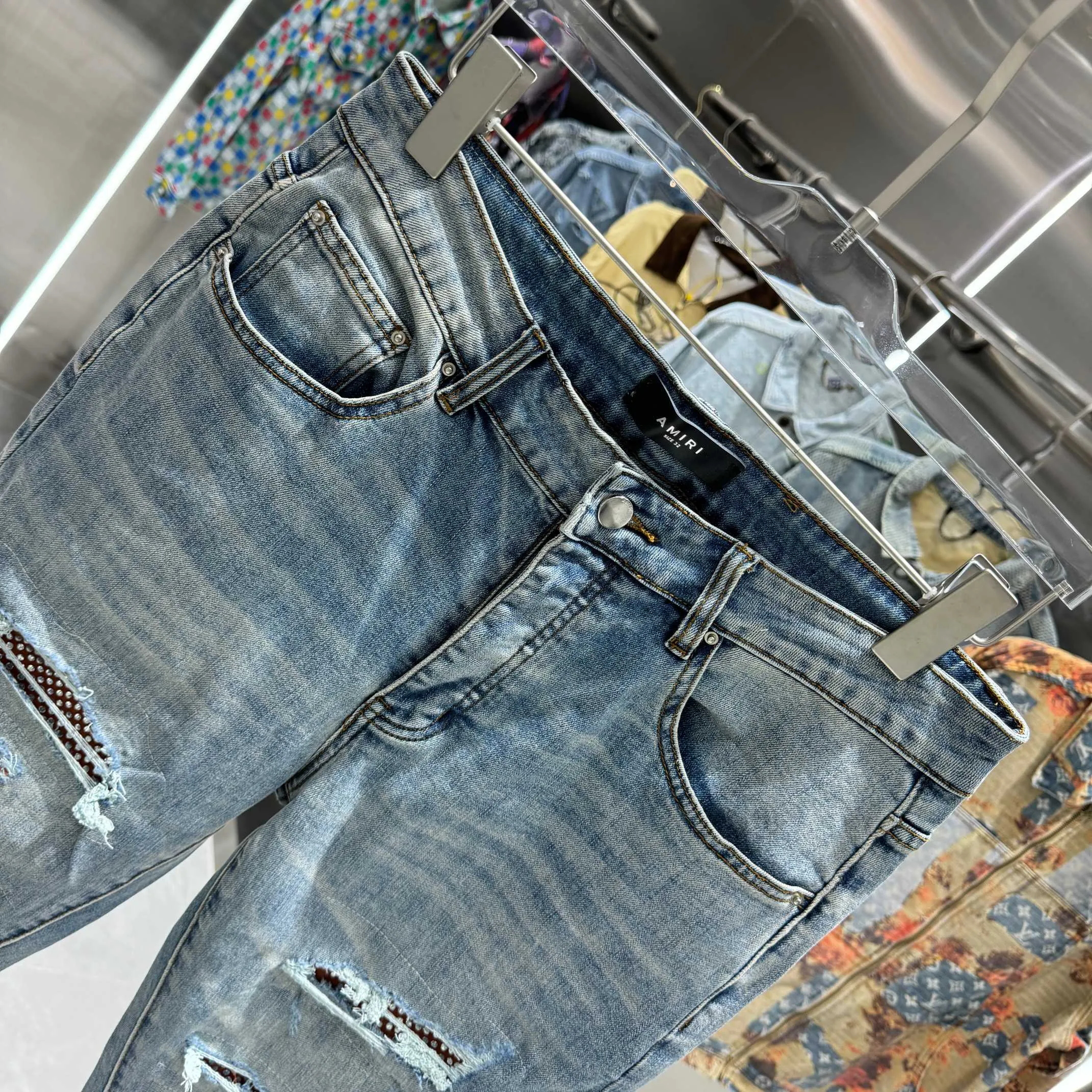 P290 Amiri ripped patchwork hot rhinestone craft street fashion slim fit stretch jeans Color Blue Size 30 32 34 36 38