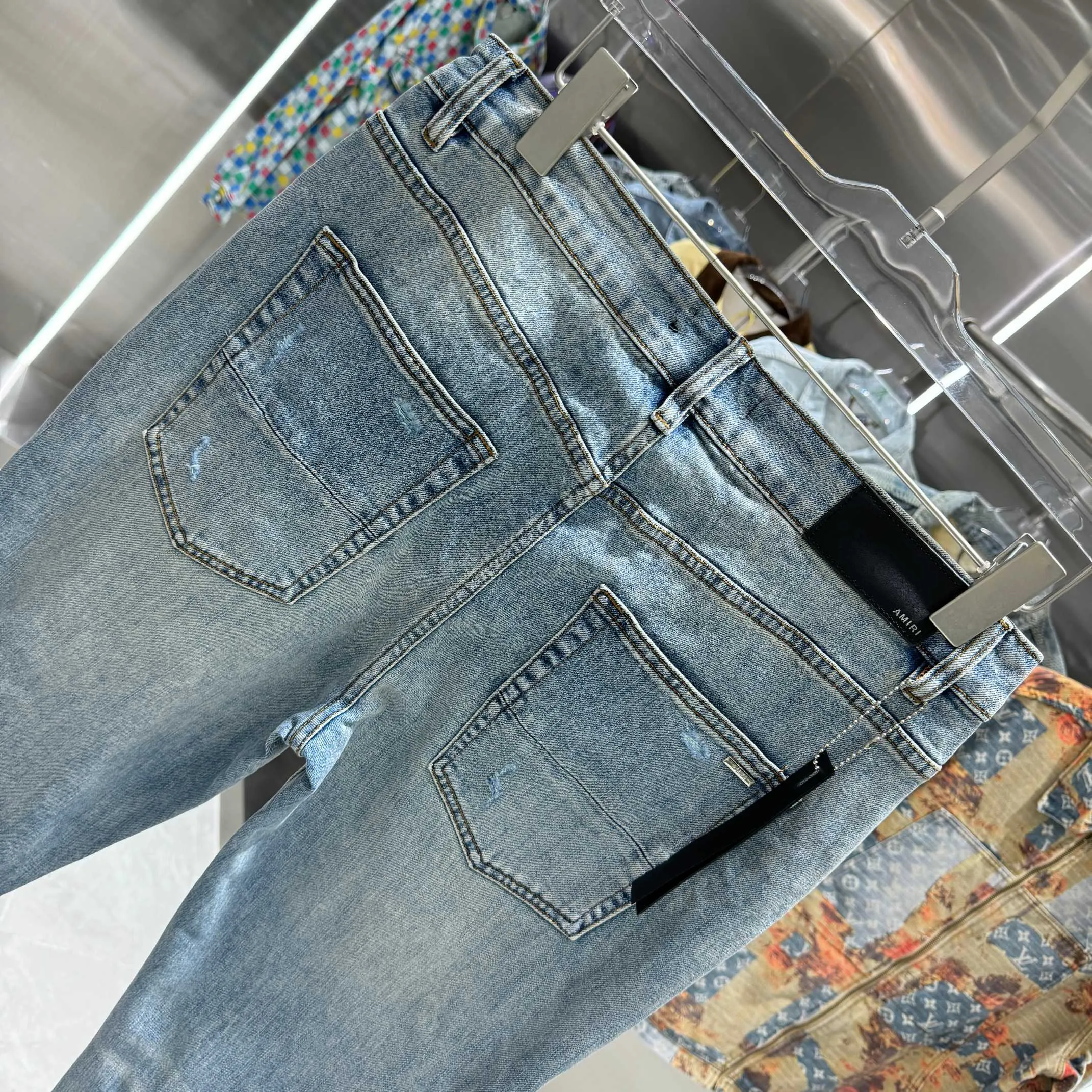 P290 Amiri ripped patchwork hot rhinestone craft street fashion slim fit stretch jeans Color Blue Size 30 32 34 36 38