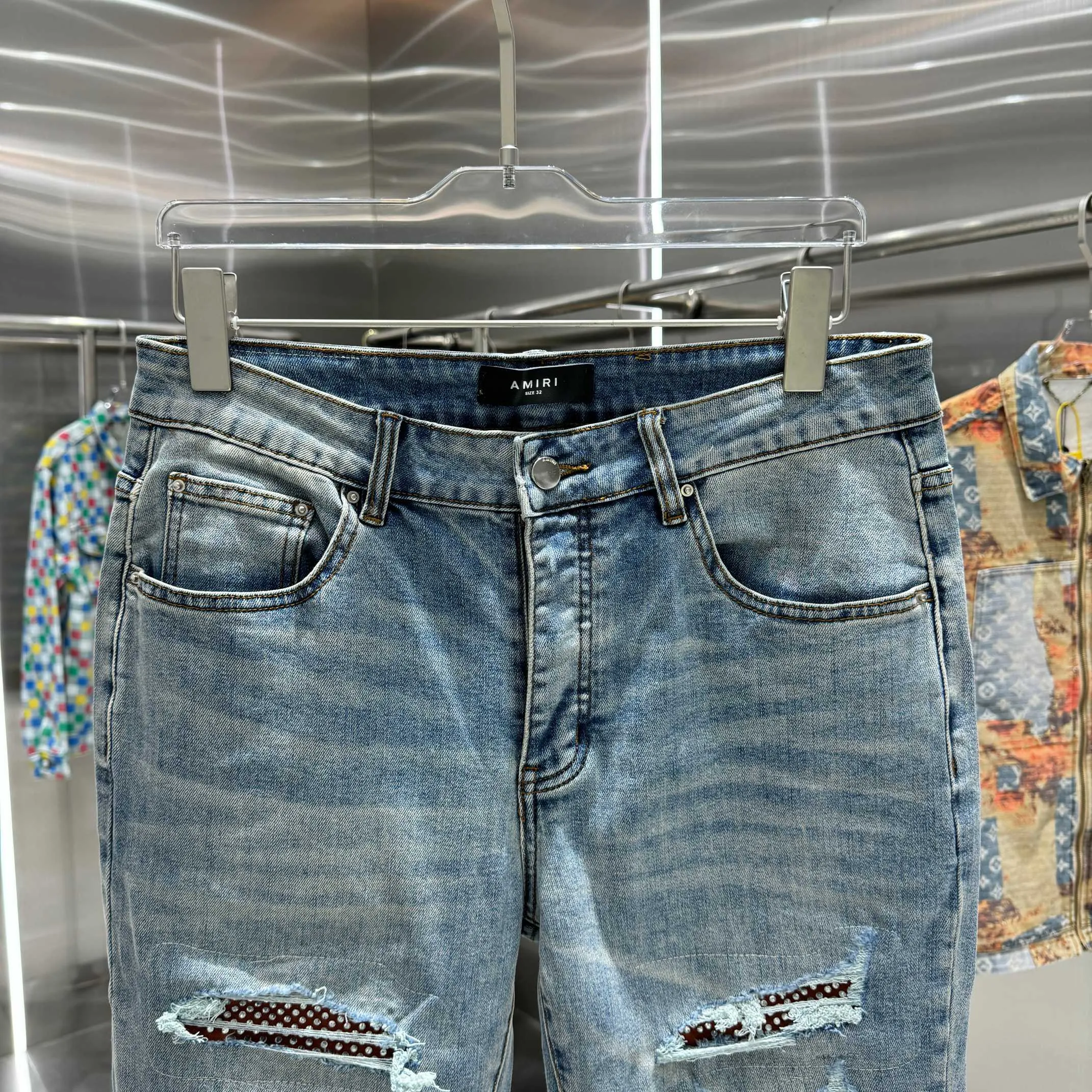 P290 Amiri ripped patchwork hot rhinestone craft street fashion slim fit stretch jeans Color Blue Size 30 32 34 36 38