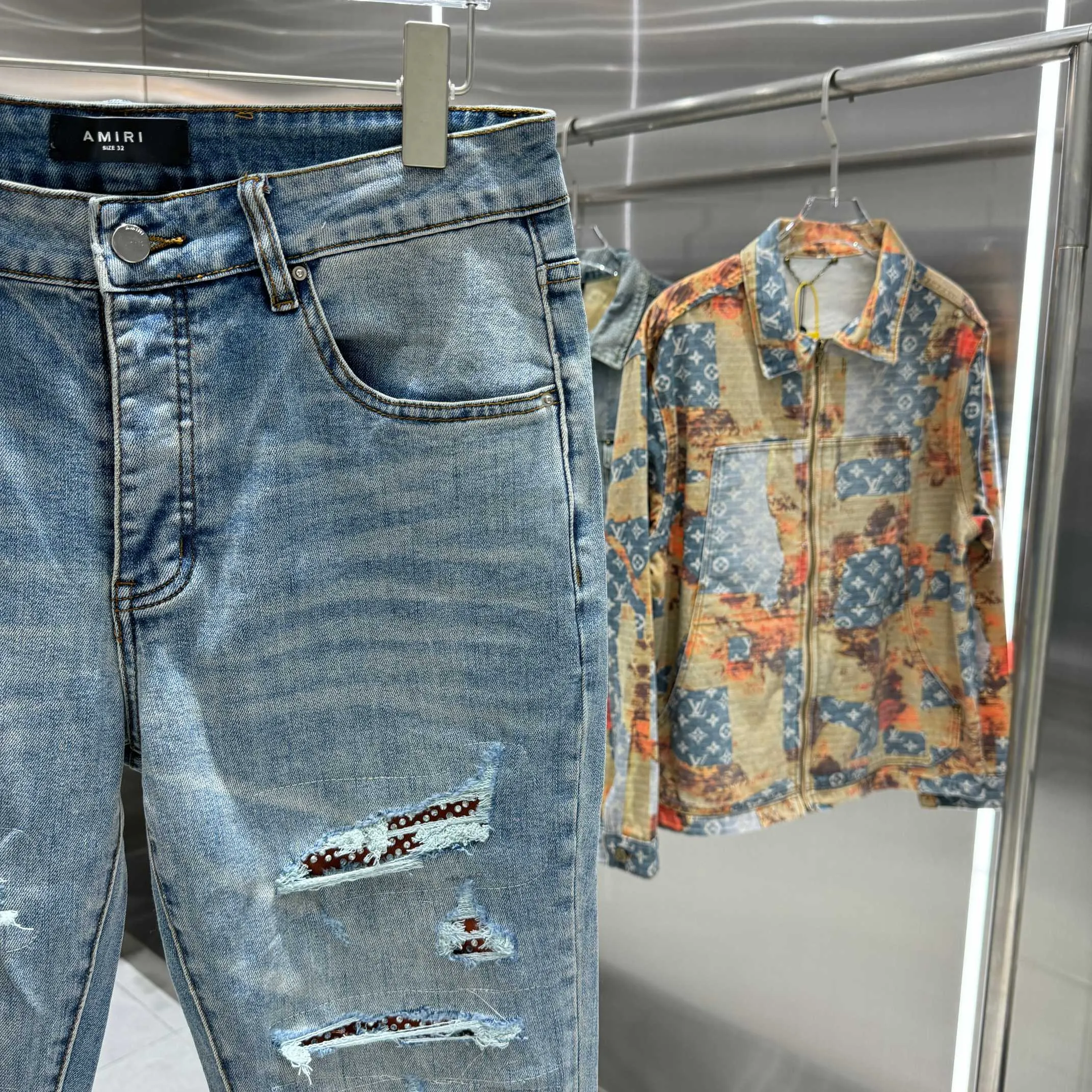 P290 Amiri ripped patchwork hot rhinestone craft street fashion slim fit stretch jeans Color Blue Size 30 32 34 36 38
