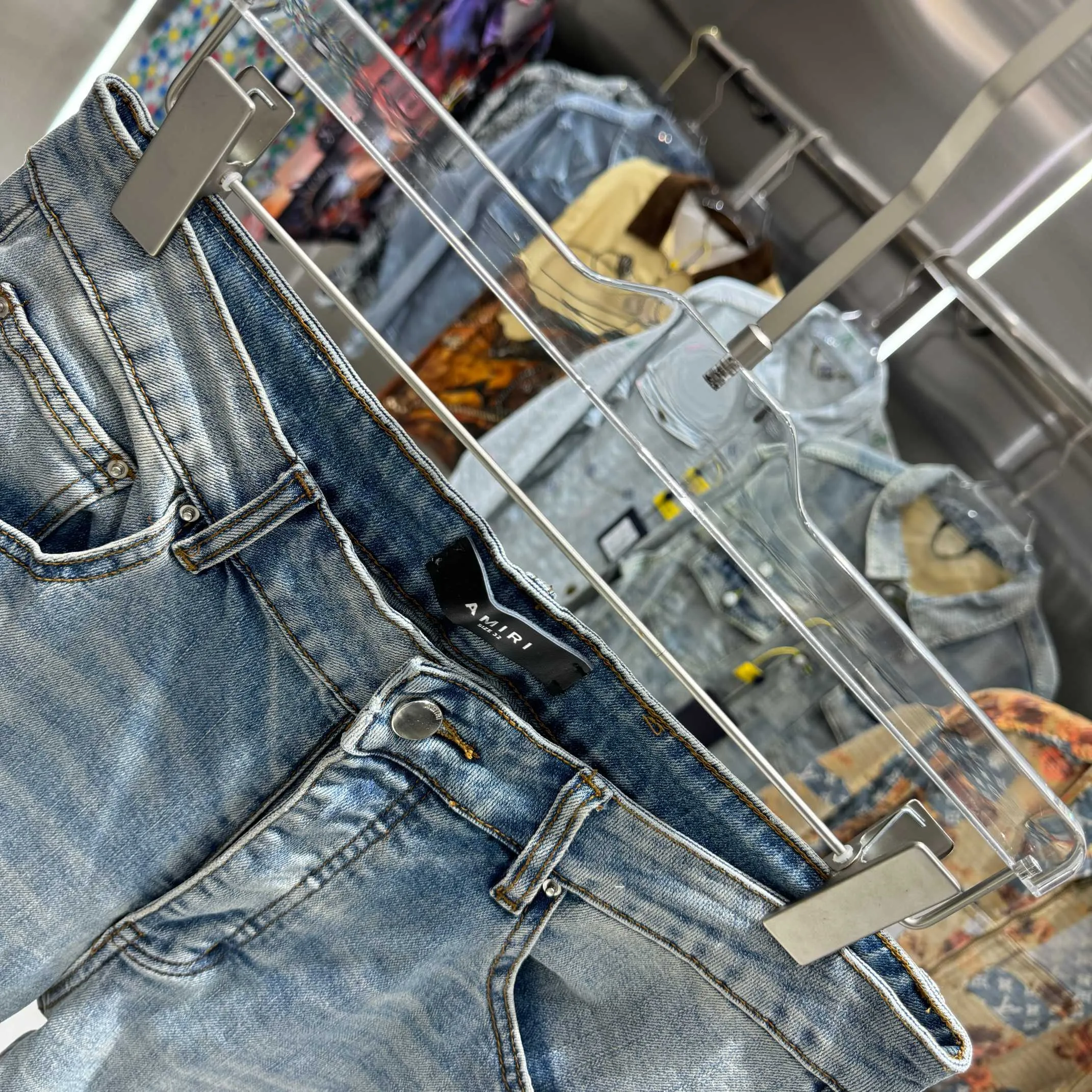 P290 Amiri ripped patchwork hot rhinestone craft street fashion slim fit stretch jeans Color Blue Size 30 32 34 36 38