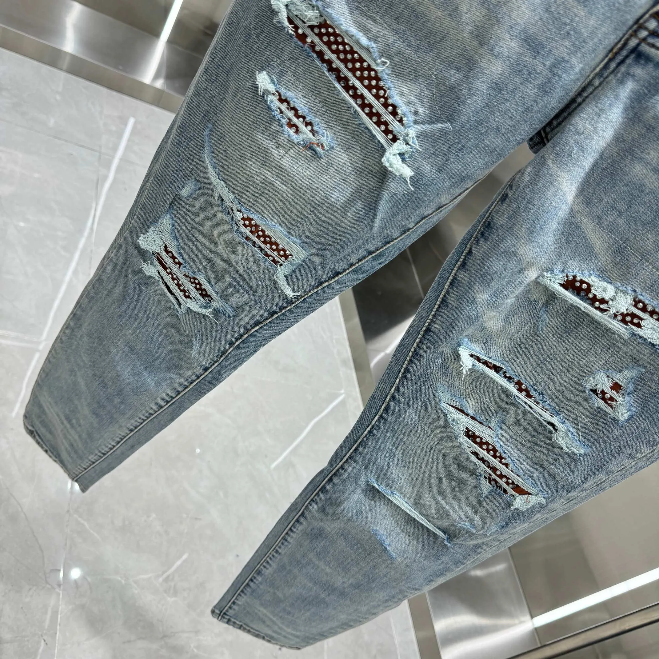 P290 Amiri ripped patchwork hot rhinestone craft street fashion slim fit stretch jeans Color Blue Size 30 32 34 36 38