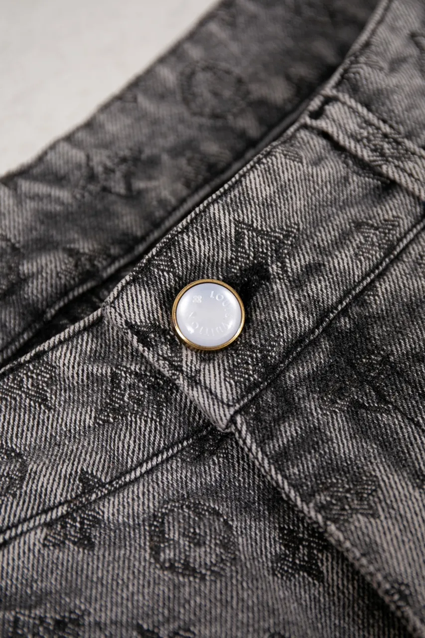 LV MONOGRAM Jacquard Skateboard Jeans These skateboard jeans feature an all-over contrasting Monogram pattern embellished with pearlescent buttons and rivets, giving the casual silhouette a dandy feel. Wear it with the matching denim jacket for a trendy look.  Regular fit Allover Monogram jacquard Damier nubuck label Pockets Pearlescent buttons and rivets 100% cotton