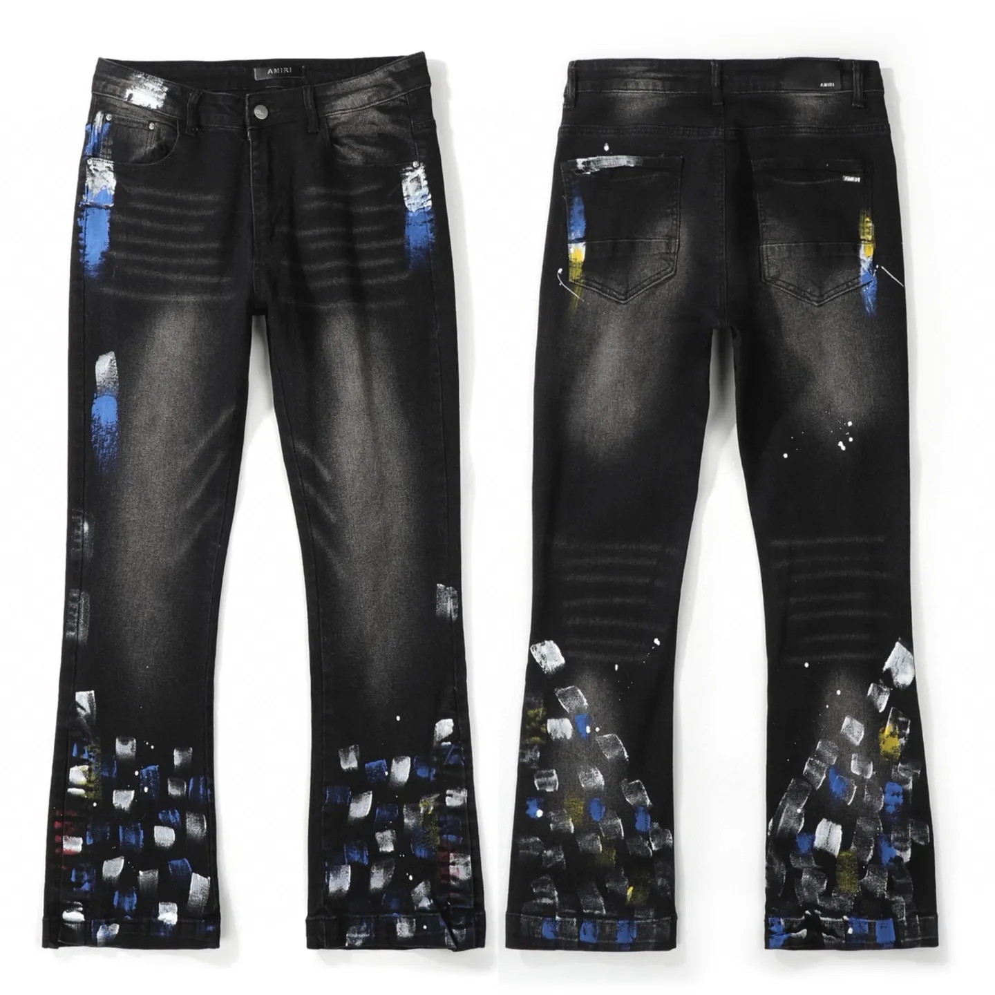 #M85 P168💰 AMIRI patch embroidery jeans trousers AMIRI high street basic ripped tight elastic jeans trousers amiri brand jeans break the production process and cutting of the original jeans, the fabrics are softer and more comfortable Hand-sewn collar label Customized logo buttons Genuine leather tag Color: Picture color Size: 30-32-34-36