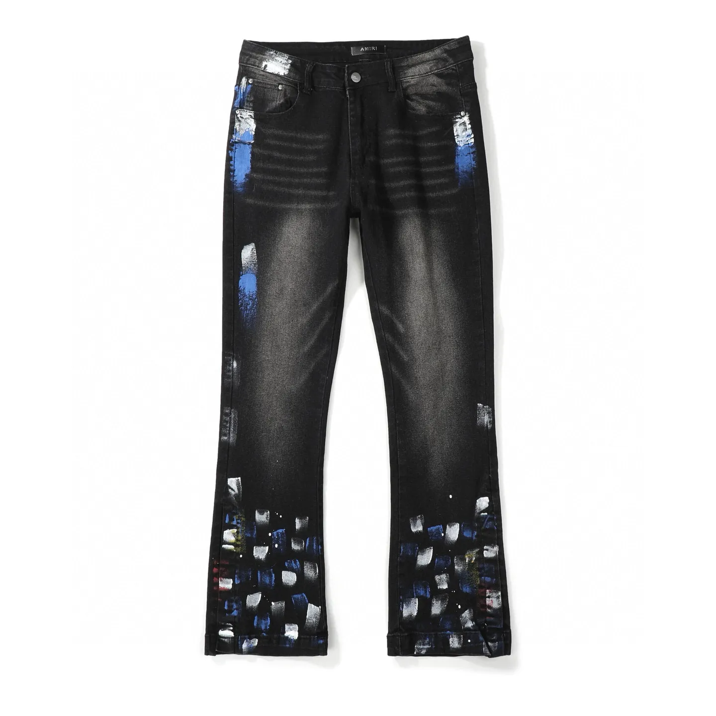 #M85 P168💰 AMIRI patch embroidery jeans trousers AMIRI high street basic ripped tight elastic jeans trousers amiri brand jeans break the production process and cutting of the original jeans, the fabrics are softer and more comfortable Hand-sewn collar label Customized logo buttons Genuine leather tag Color: Picture color Size: 30-32-34-36