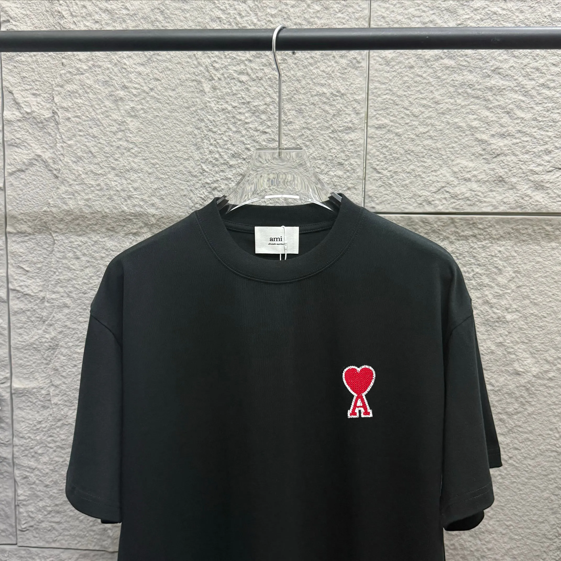 🅿️180 Ami* 2025 spring and summer new style Ami love letter embroidery Customized double yarn plain cotton fabric Short-sleeved T-shirt Uniform for men and women Color: black white floral gray Size: S (90-130 pounds) M (120-150 pounds) L (140-165 pounds) XL (160-180 pounds) XXL (180-210 pounds)