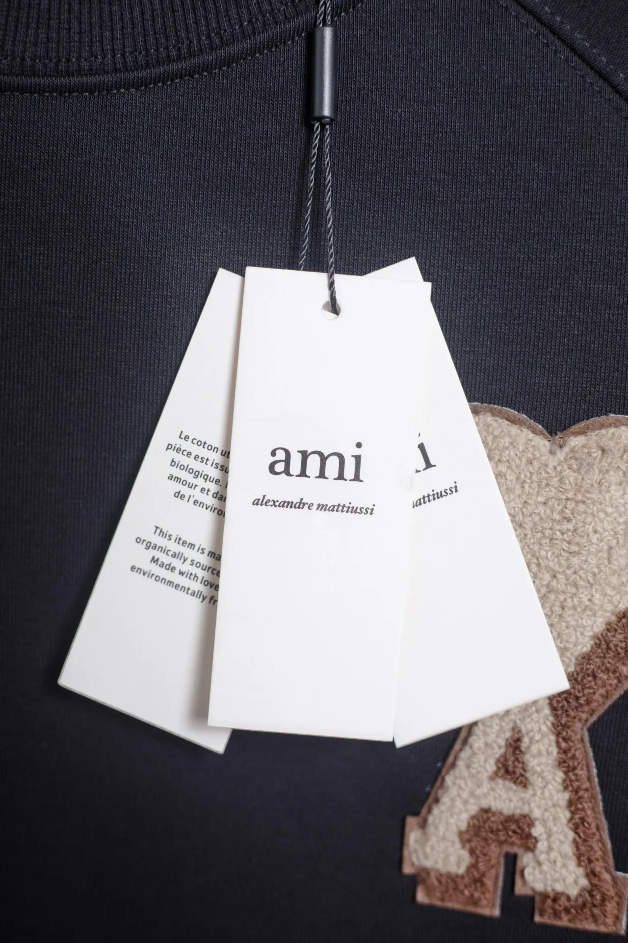 P146 AMI 25 new autumn and winter towel embroidered big love towel embroidered raglan round neck sweatshirt, customized 360g pure cotton fabric, high version, new main wheat, washed wheat, same style for men and women, color: black, size: S-XL