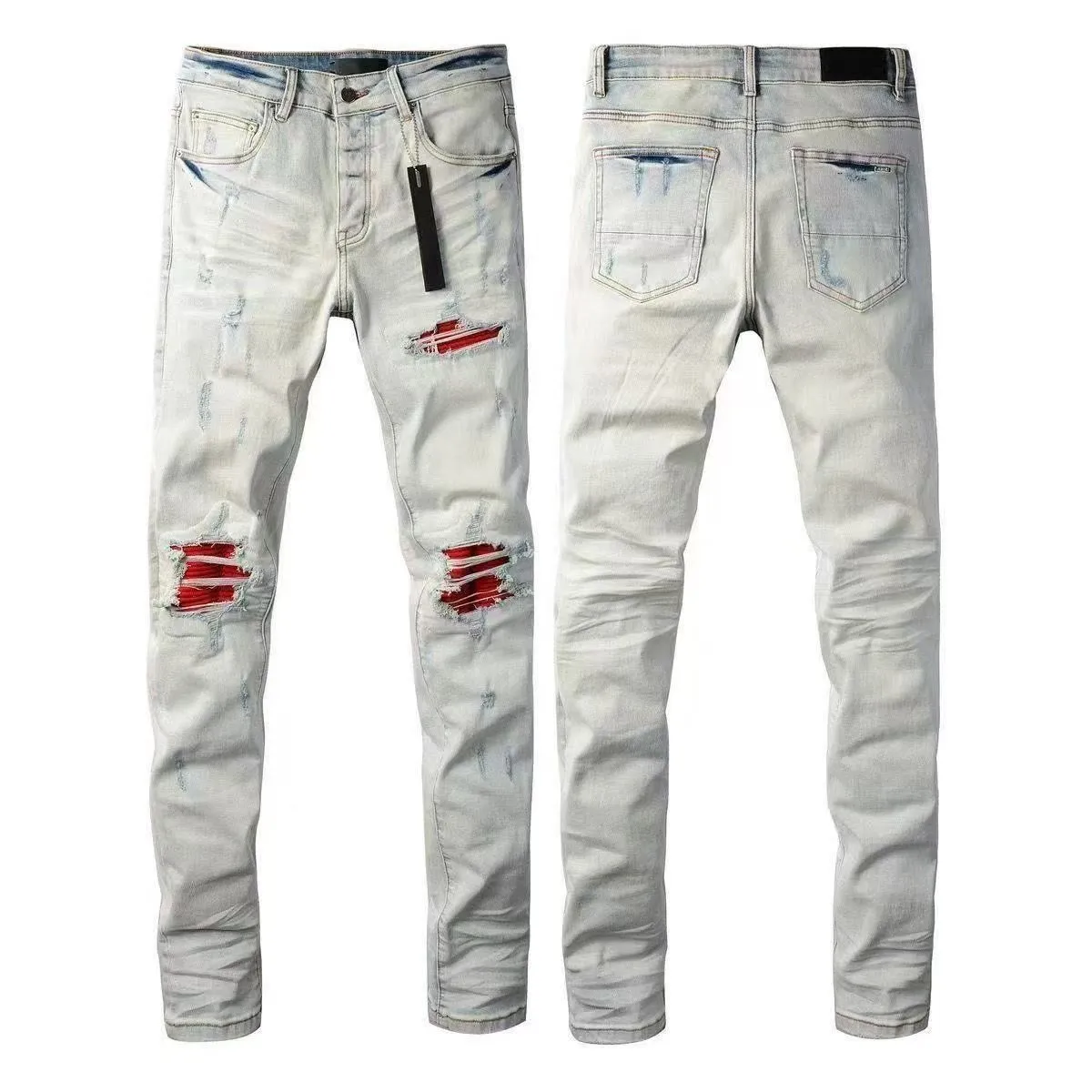 ￼#M16 P168💰 AMIRI patch embroidery jeans trousers AMIRI high street basic ripped tight elastic jeans trousers amiri brand jeans break the production process and cutting of the original jeans, the fabrics are softer and more comfortable Hand-sewn collar label Customized logo buttons Genuine leather tag Color: Picture color Size: 30-32-34-36