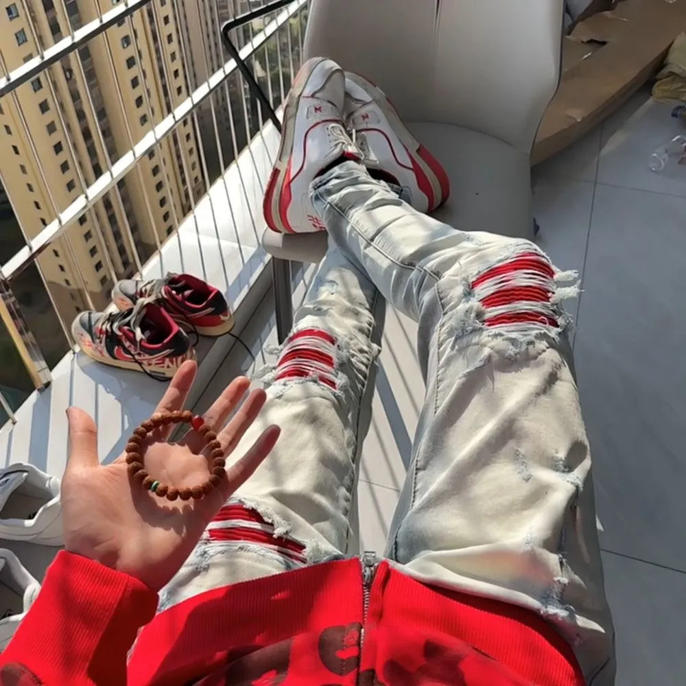 ￼#M16 P168💰 AMIRI patch embroidery jeans trousers AMIRI high street basic ripped tight elastic jeans trousers amiri brand jeans break the production process and cutting of the original jeans, the fabrics are softer and more comfortable Hand-sewn collar label Customized logo buttons Genuine leather tag Color: Picture color Size: 30-32-34-36