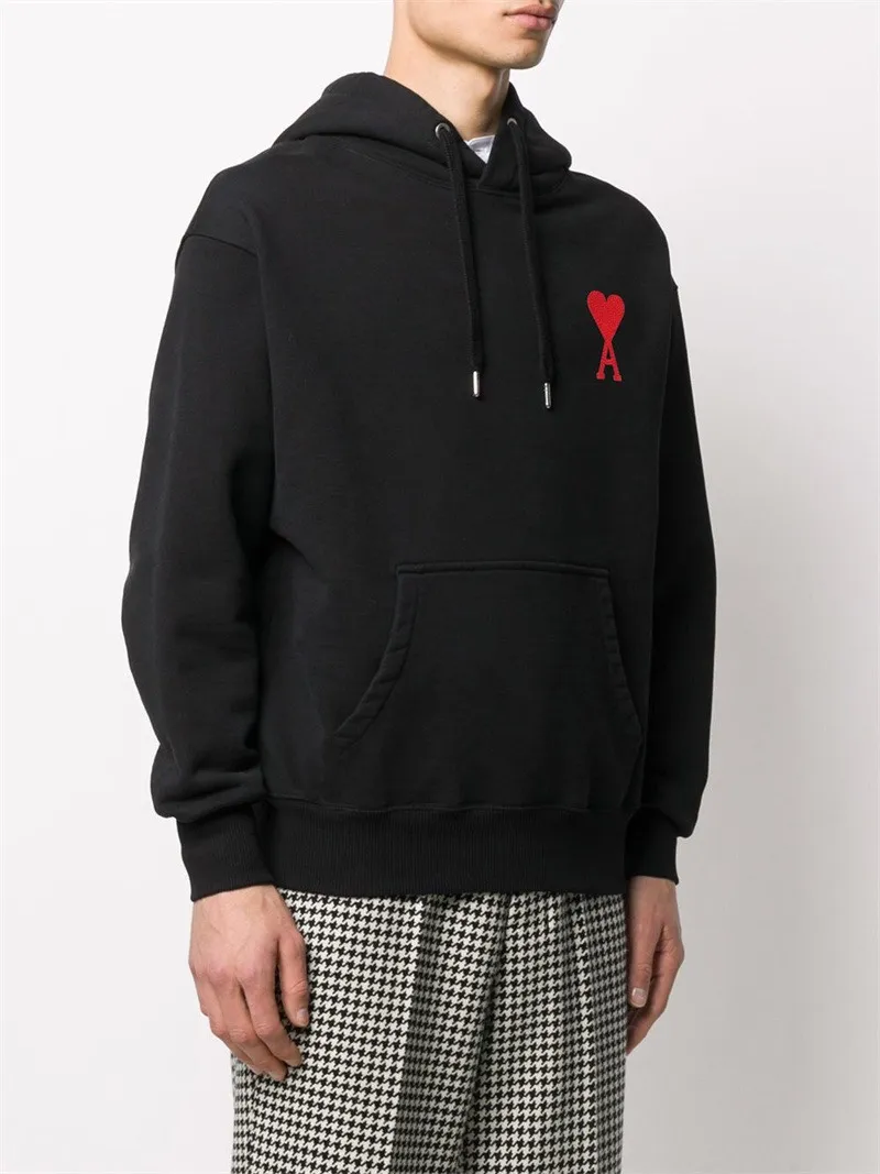 CY612#Ami Paris 2021 early autumn new product Ami de Coeur classic red love embroidered hooded sweatshirt for men and women, 380G sweatshirt terry fabric, color: black, apricot, size: S-XL