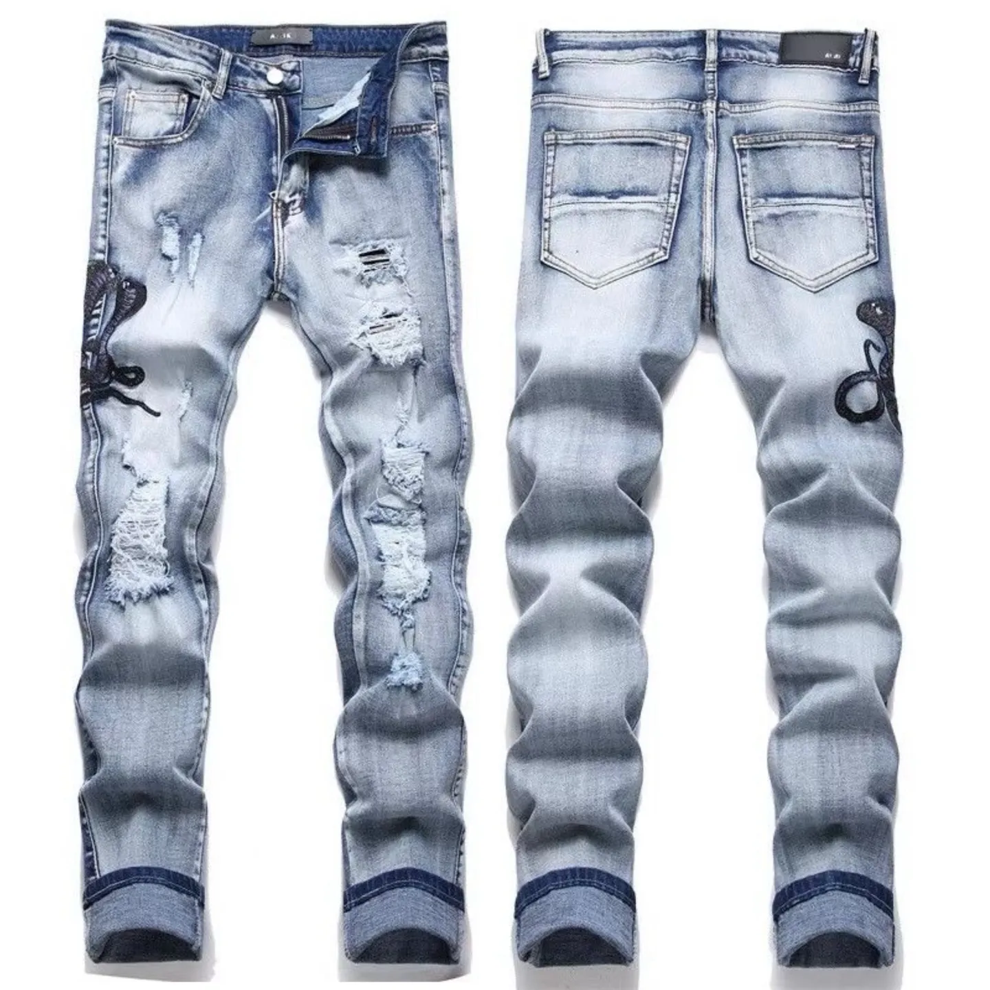 #M69 P168💰 AMIRI patch embroidery jeans trousers AMIRI high street basic ripped tight elastic jeans trousers amiri brand jeans break the production process and cutting of the original jeans, the fabrics are softer and more comfortable Hand-sewn collar label Customized logo buttons Genuine leather tag Color: Picture color Size: 30-32-34-36