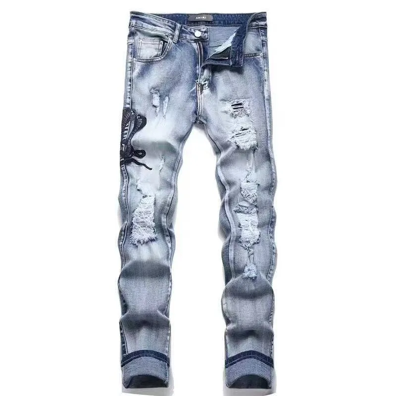 #M69 P168💰 AMIRI patch embroidery jeans trousers AMIRI high street basic ripped tight elastic jeans trousers amiri brand jeans break the production process and cutting of the original jeans, the fabrics are softer and more comfortable Hand-sewn collar label Customized logo buttons Genuine leather tag Color: Picture color Size: 30-32-34-36