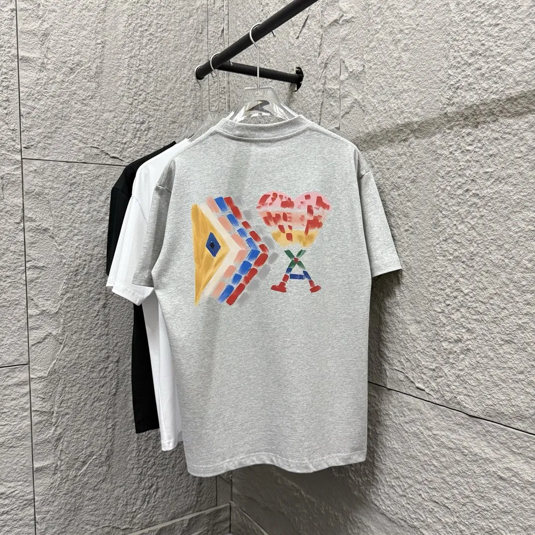 🅿️180 Ami* 2025 spring and summer new Ami rainbow love print Customized double yarn plain cotton fabric Short-sleeved T-shirt Unisex Color: Black White Floral Gray Angora Red Size: S (90-130 catties) M (120-150 catties) L (140-165 catties) XL (160-180 catties) XXL (180-210 pounds)