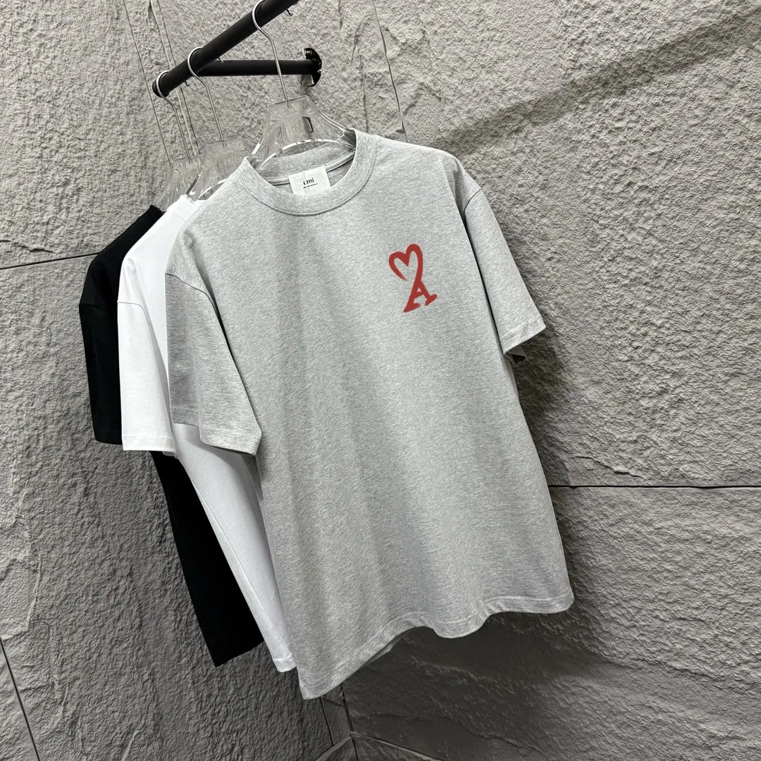 🅿️180 Ami* 2025 spring and summer new Ami rainbow love print Customized double yarn plain cotton fabric Short-sleeved T-shirt Unisex Color: Black White Floral Gray Angora Red Size: S (90-130 catties) M (120-150 catties) L (140-165 catties) XL (160-180 catties) XXL (180-210 pounds)