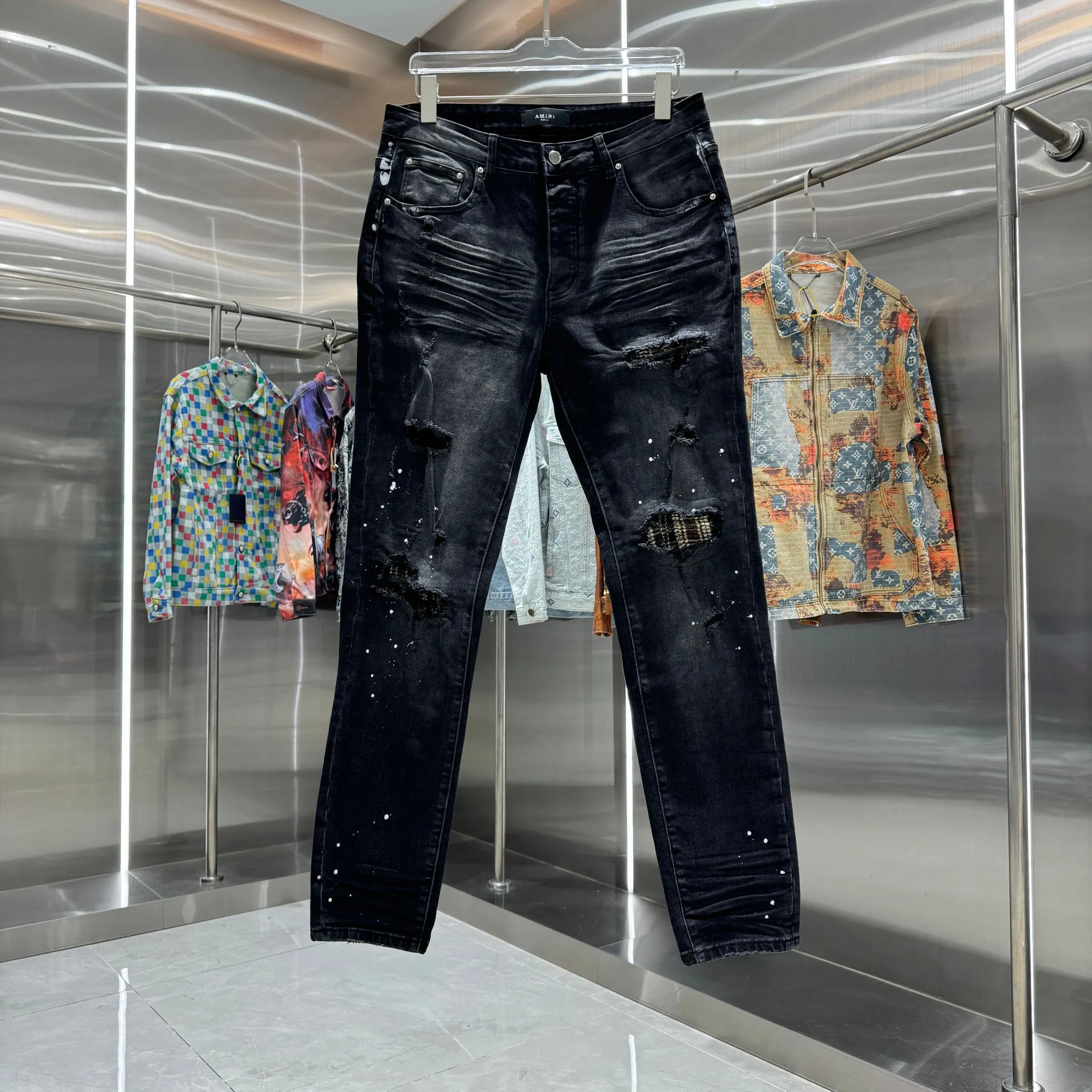 P280 Amiri ripped graffiti craft street fashion slim fit stretch jeans Color Black Size 30 32 34 36 38