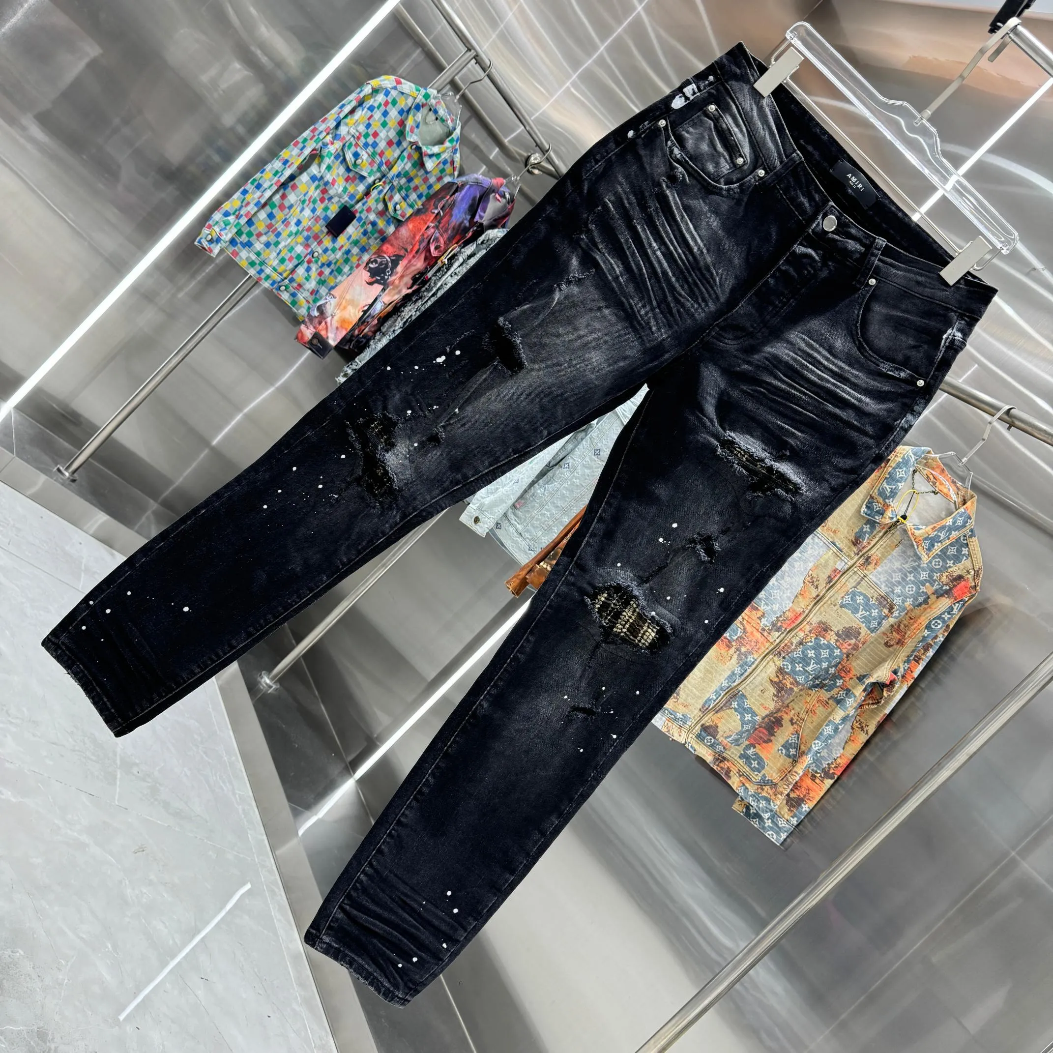 P280 Amiri ripped graffiti craft street fashion slim fit stretch jeans Color Black Size 30 32 34 36 38