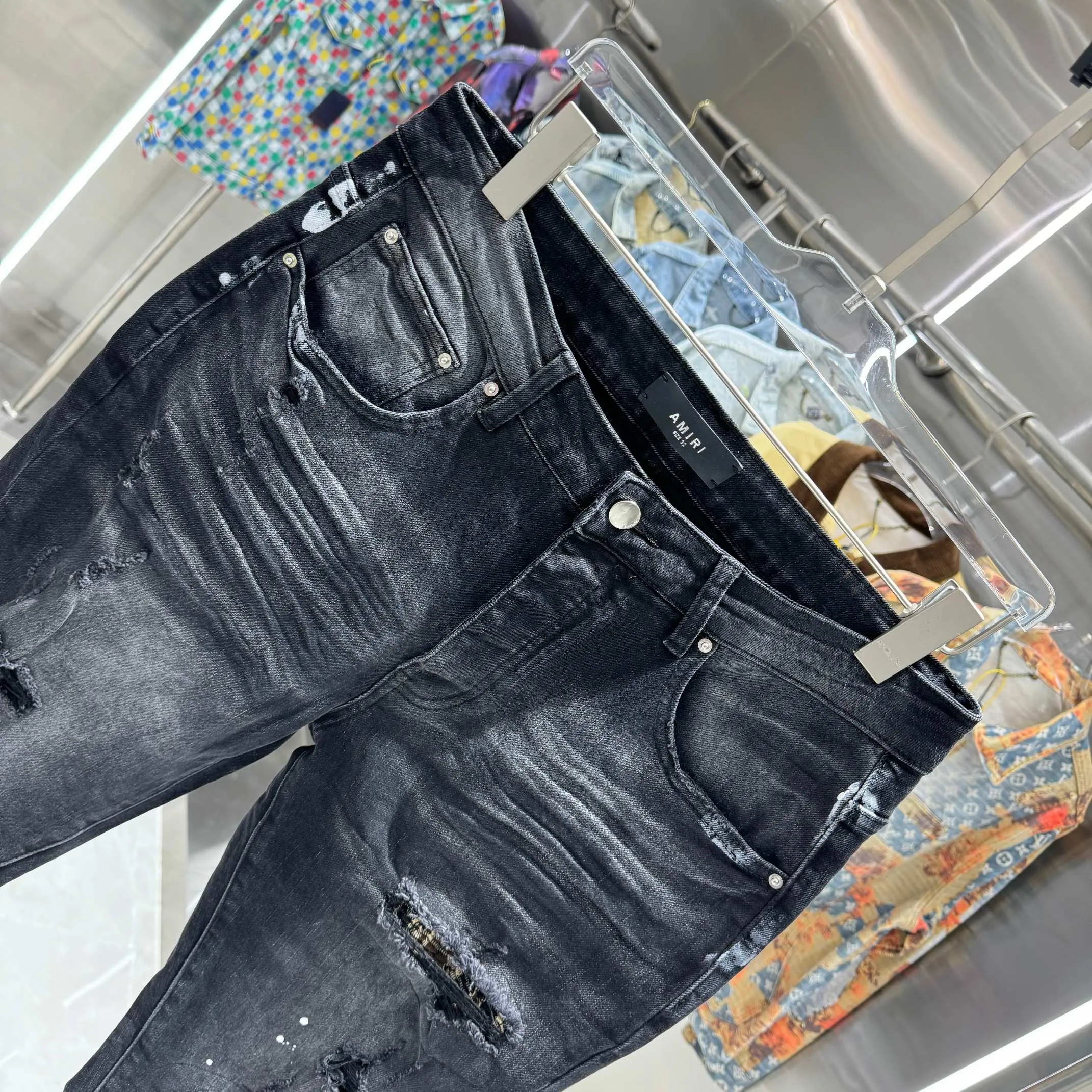 P280 Amiri ripped graffiti craft street fashion slim fit stretch jeans Color Black Size 30 32 34 36 38