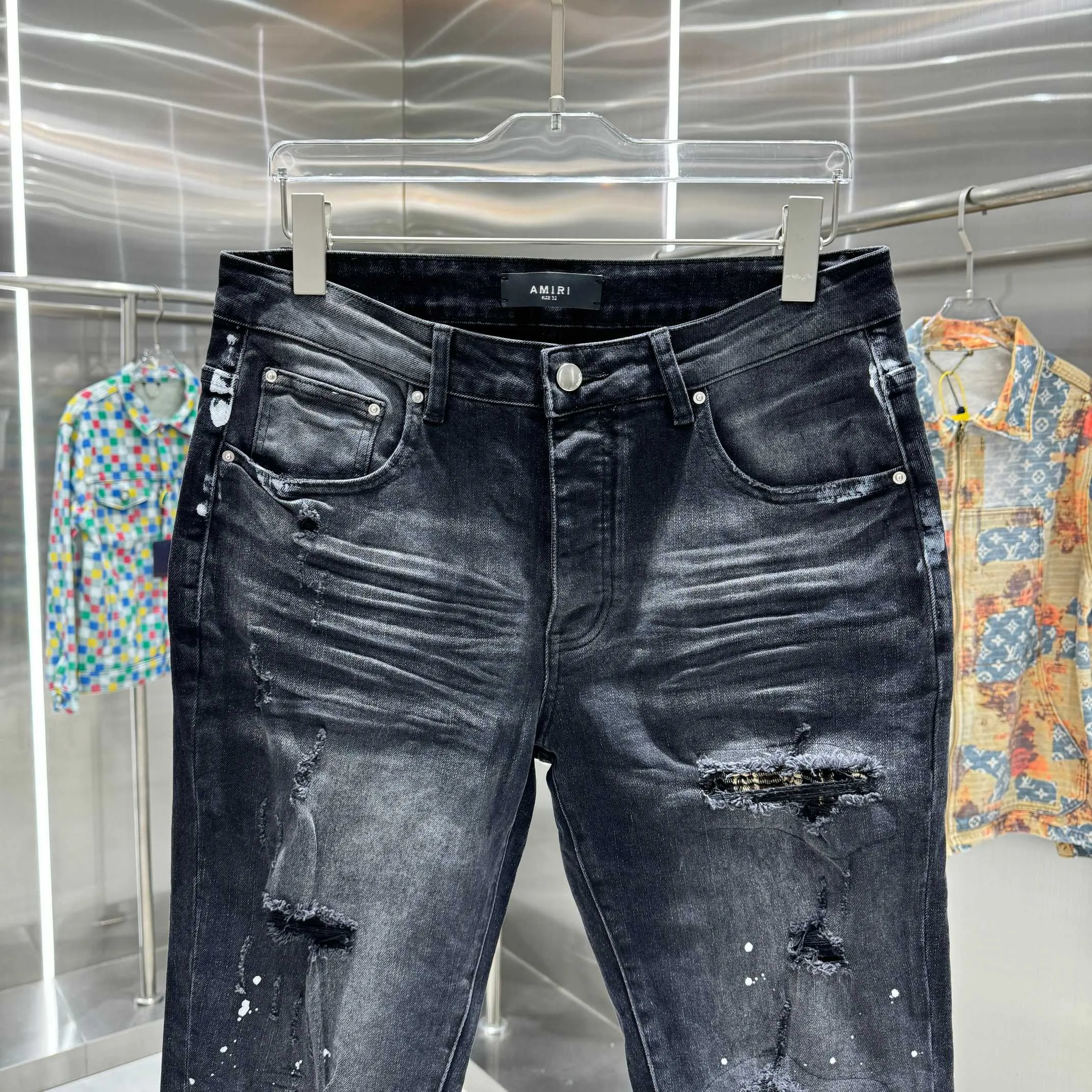 P280 Amiri ripped graffiti craft street fashion slim fit stretch jeans Color Black Size 30 32 34 36 38