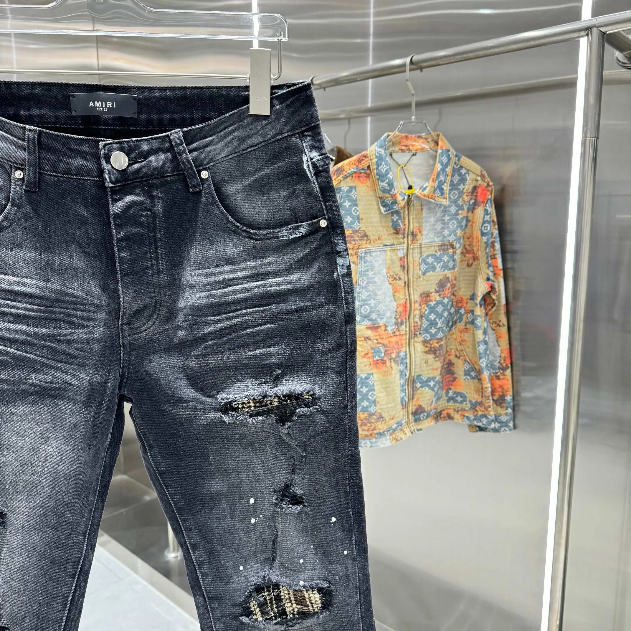 P280 Amiri ripped graffiti craft street fashion slim fit stretch jeans Color Black Size 30 32 34 36 38