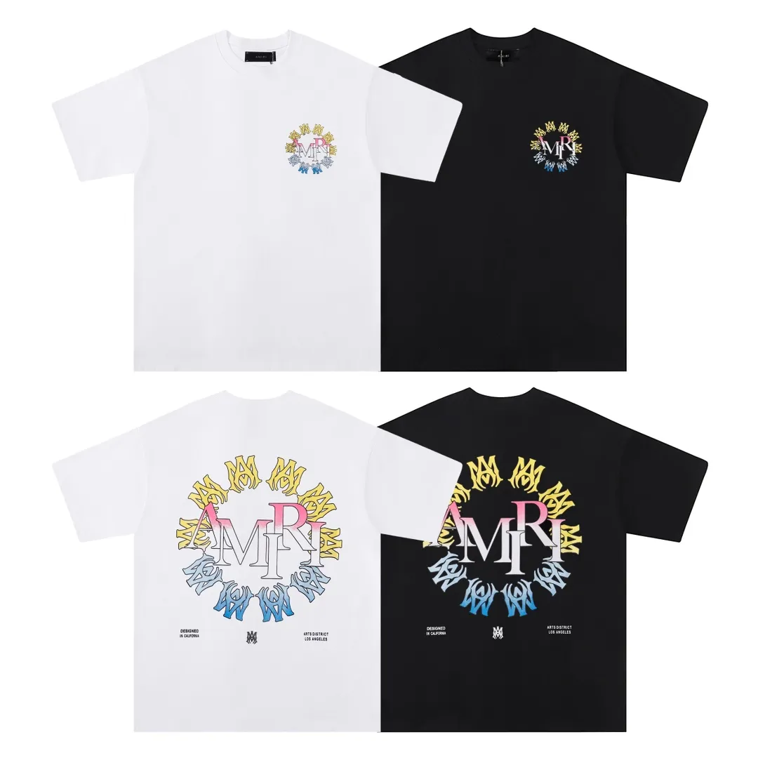 P126 Fabric: 260g double yarn AMIRI 2025 spring and summer new logo round neck T-shirt high street same style for men and women loose classic letter printed short sleeves Color: black. White Size: S M L XL