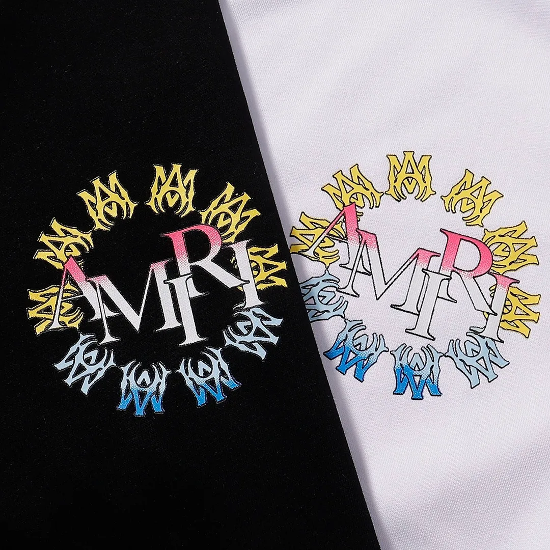 P126 Fabric: 260g double yarn AMIRI 2025 spring and summer new logo round neck T-shirt high street same style for men and women loose classic letter printed short sleeves Color: black. White Size: S M L XL