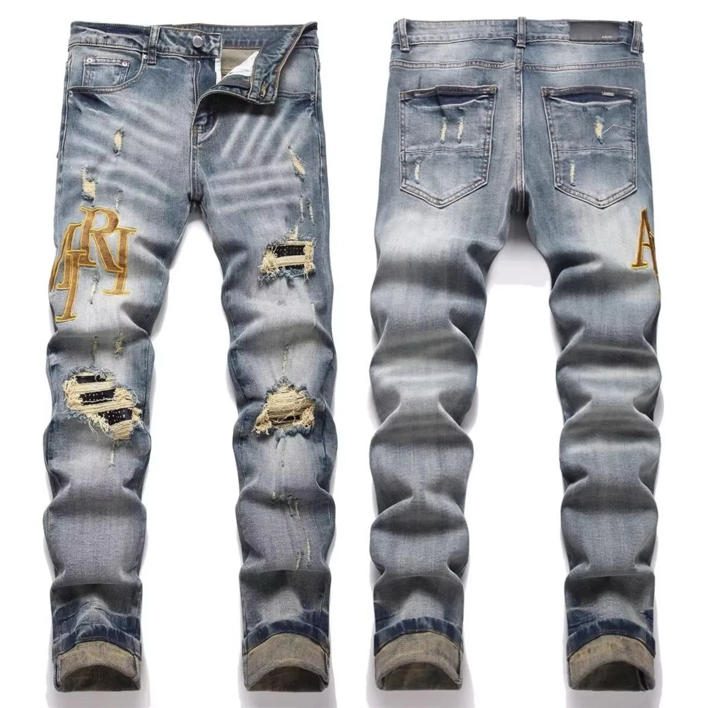 #M92 P168💰 AMIRI patch embroidery jeans trousers AMIRI high street basic ripped tight elastic jeans trousers amiri brand jeans break the production process and cutting of the original jeans, the fabrics are softer and more comfortable Hand-sewn collar label Customized logo buttons Genuine leather tag Color: Picture color Size: 30-32-34-36