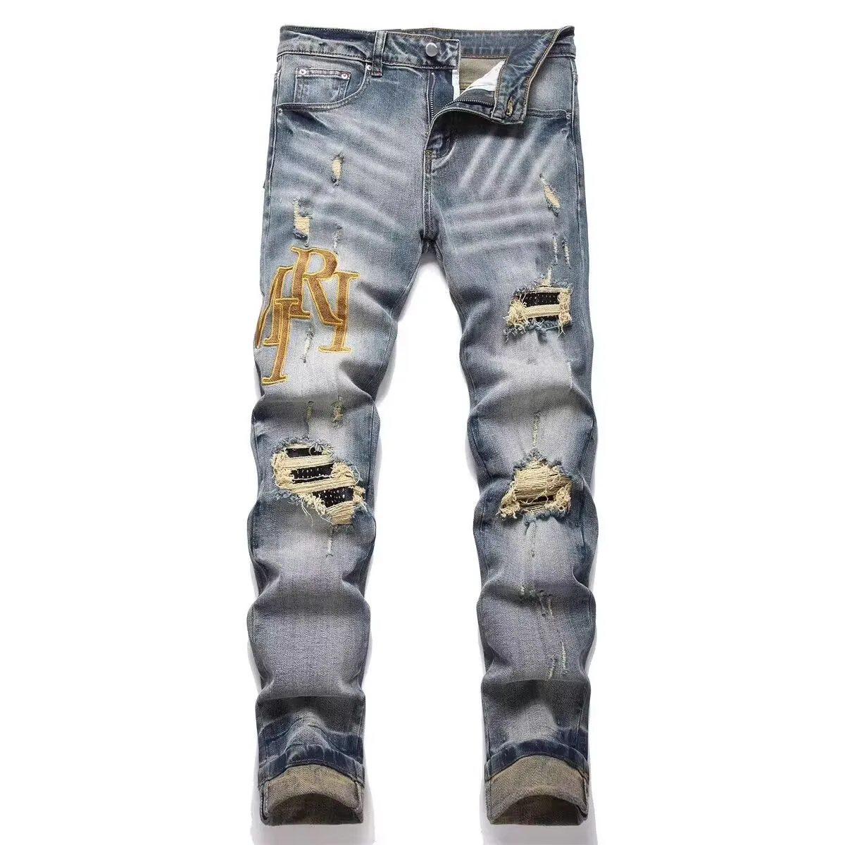 #M92 P168💰 AMIRI patch embroidery jeans trousers AMIRI high street basic ripped tight elastic jeans trousers amiri brand jeans break the production process and cutting of the original jeans, the fabrics are softer and more comfortable Hand-sewn collar label Customized logo buttons Genuine leather tag Color: Picture color Size: 30-32-34-36