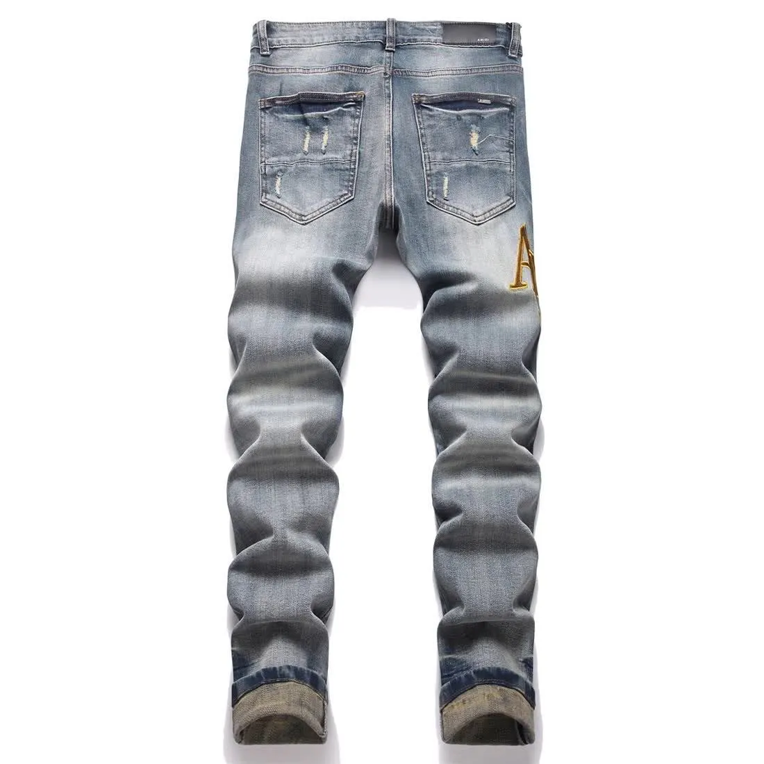 #M92 P168💰 AMIRI patch embroidery jeans trousers AMIRI high street basic ripped tight elastic jeans trousers amiri brand jeans break the production process and cutting of the original jeans, the fabrics are softer and more comfortable Hand-sewn collar label Customized logo buttons Genuine leather tag Color: Picture color Size: 30-32-34-36