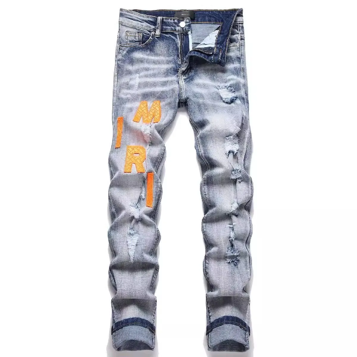 #M38 P168💰 Amiri classic embroidered leather ripped letter jeans slim fit jeans. Produced by a major washed factory. Full of high-end. Knee part destroyed design with patchwork design. Already used as facade design. Leather waist nameplate. The focus of this style is not on washing, but on the destroyed shape and version. The secret lies in the craftsmanship of the master. The cost of post-processing, grinding, cutting, etc. is far beyond the cost of assembly line products. Color: Picture color Size: 30-32-34-36