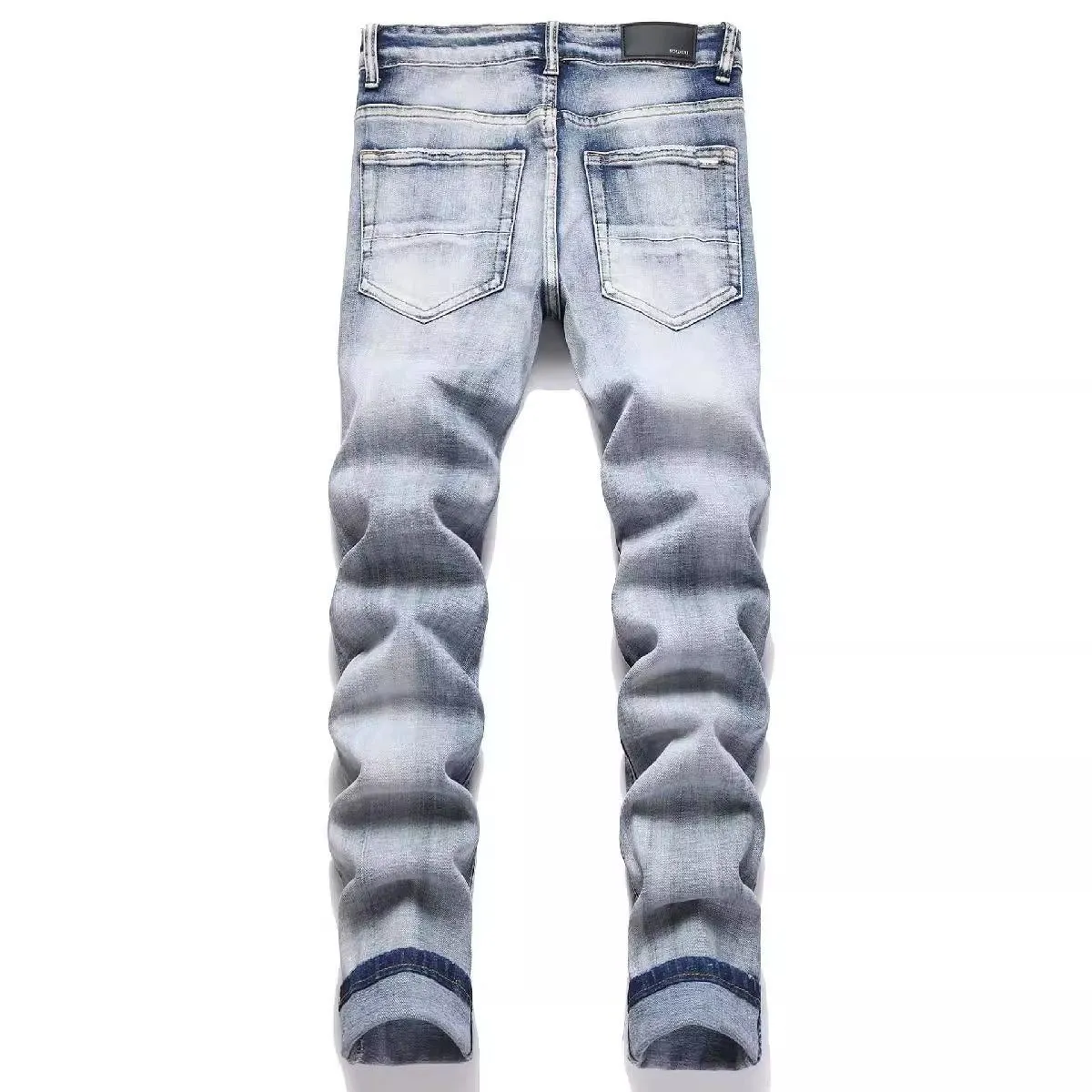 #M38 P168💰 Amiri classic embroidered leather ripped letter jeans slim fit jeans. Produced by a major washed factory. Full of high-end. Knee part destroyed design with patchwork design. Already used as facade design. Leather waist nameplate. The focus of this style is not on washing, but on the destroyed shape and version. The secret lies in the craftsmanship of the master. The cost of post-processing, grinding, cutting, etc. is far beyond the cost of assembly line products. Color: Picture color Size: 30-32-34-36