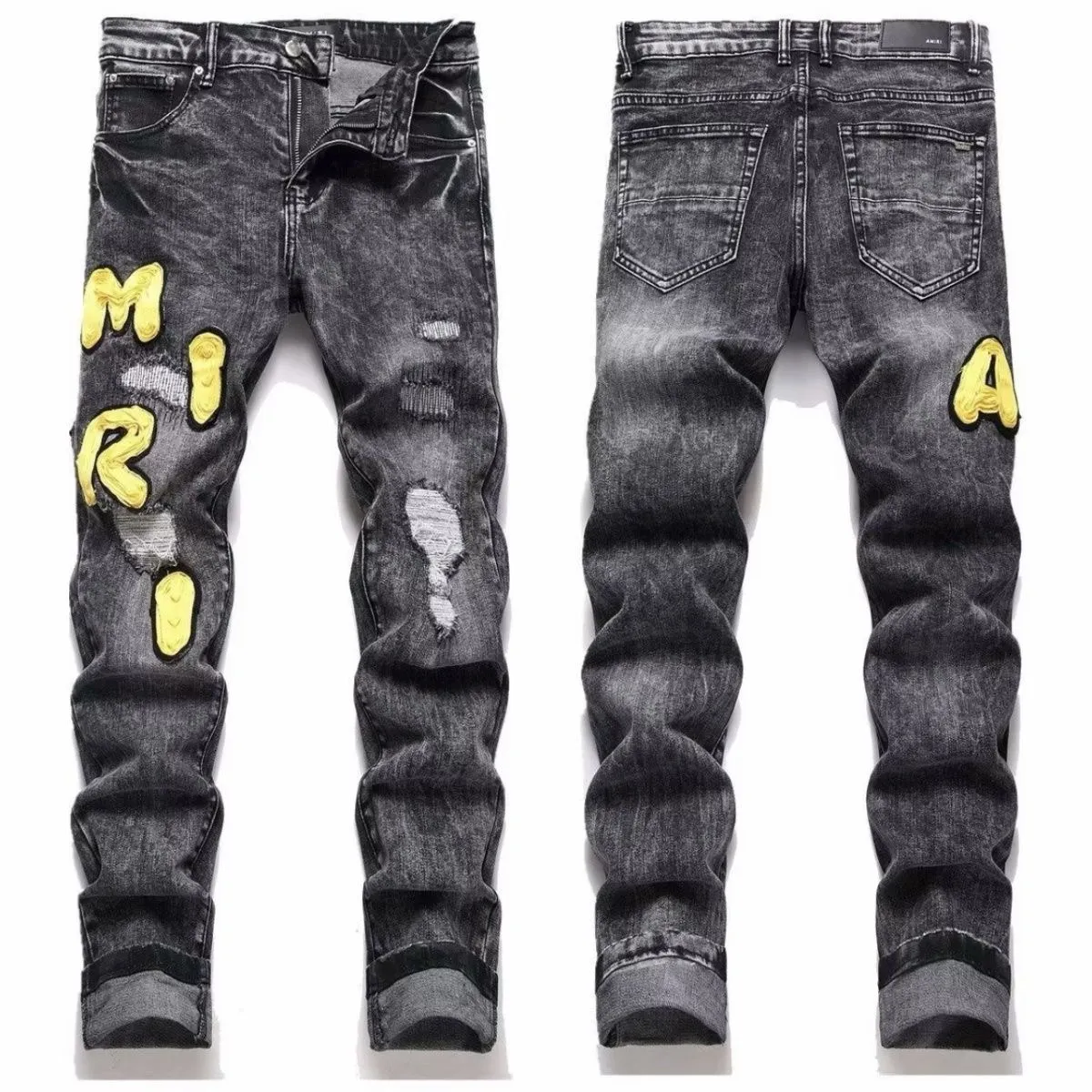 #M83 P168💰 AMIRI patch embroidery jeans trousers AMIRI high street basic ripped tight elastic jeans trousers amiri brand jeans break the production process and cutting of the original jeans, the fabrics are softer and more comfortable Hand-sewn collar label Customized logo buttons Genuine leather tag Color: Picture color Size: 30-32-34-36