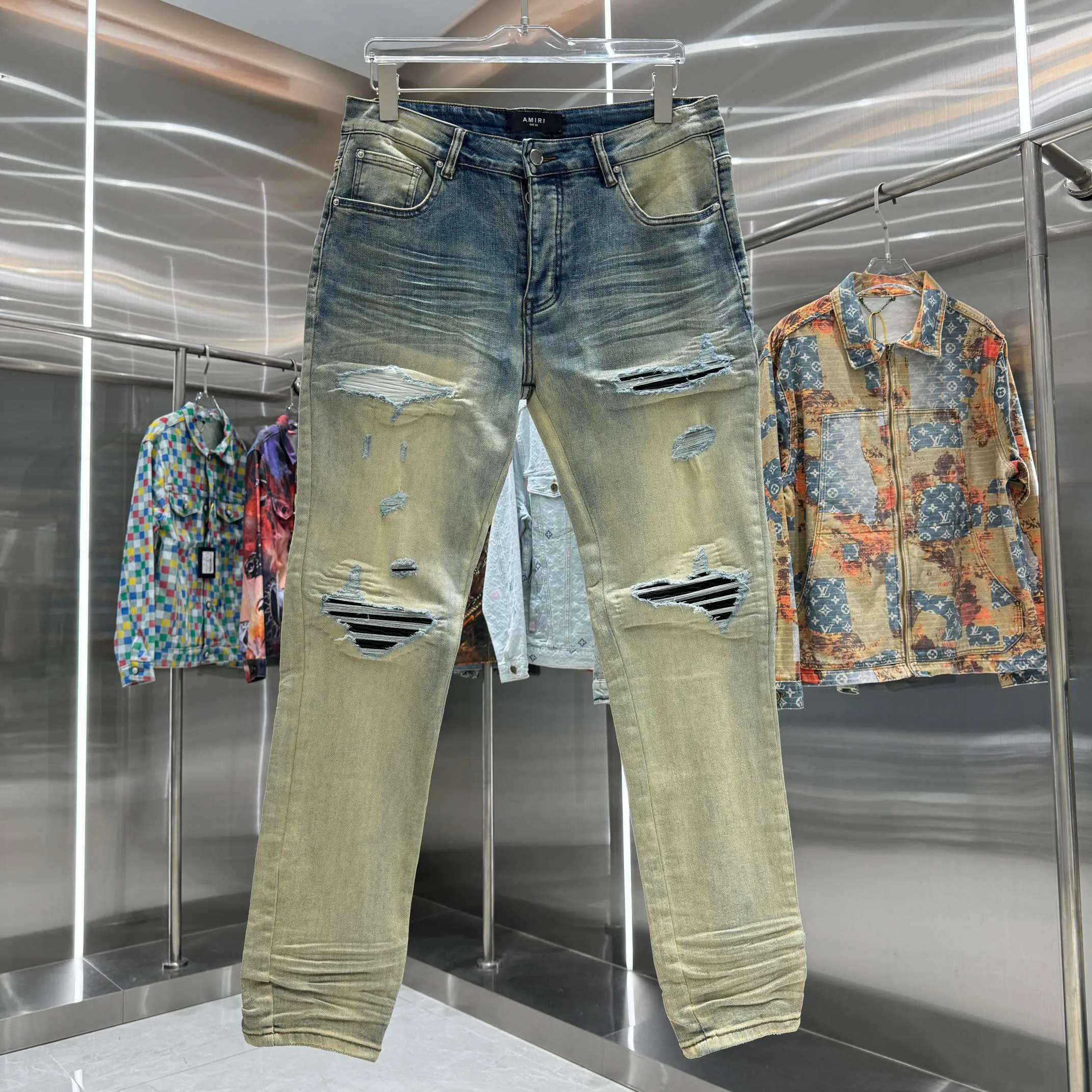 P290 Amiri ripped street fashion slim fit stretch jeans color blue size 30 32 34 36 38