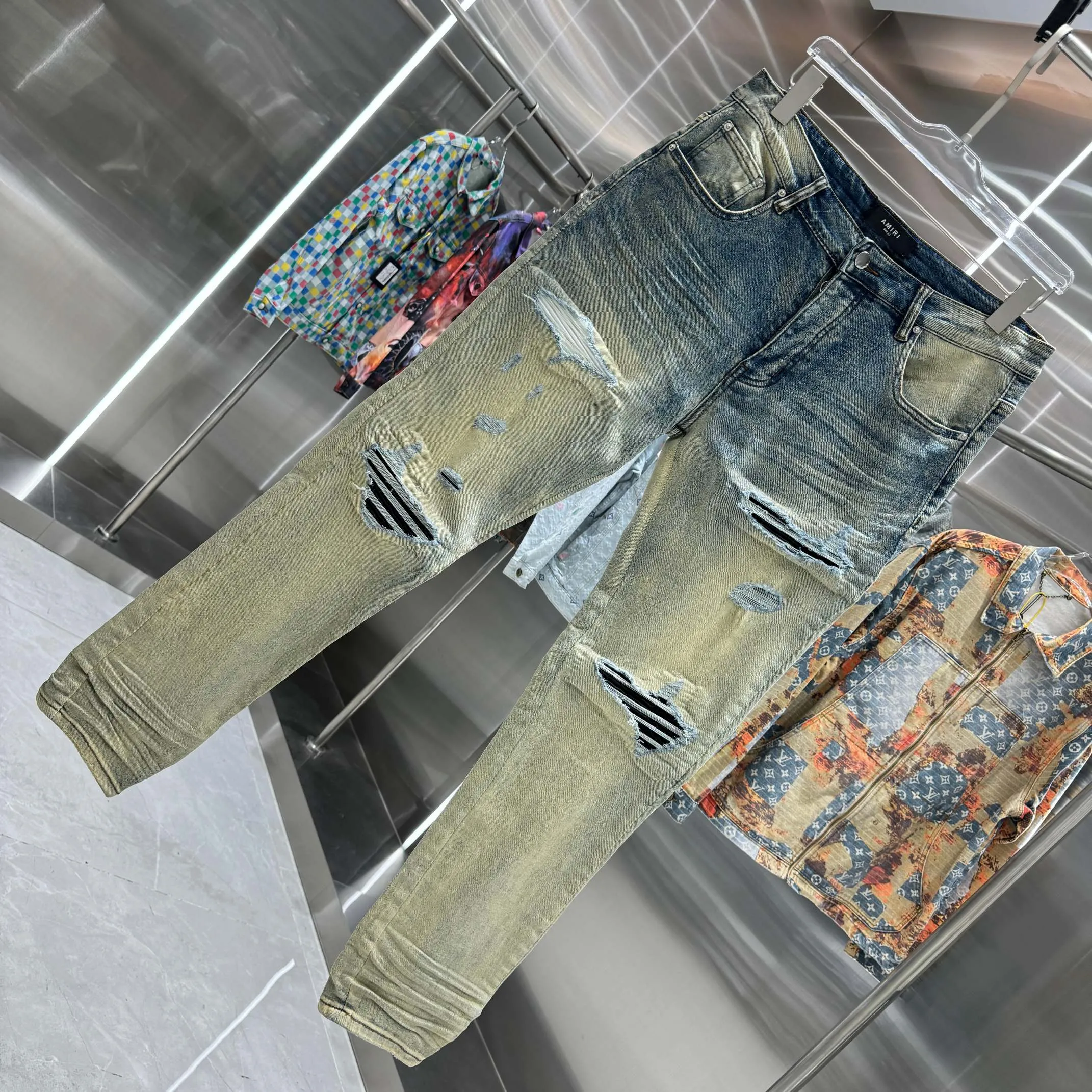 P290 Amiri ripped street fashion slim fit stretch jeans color blue size 30 32 34 36 38