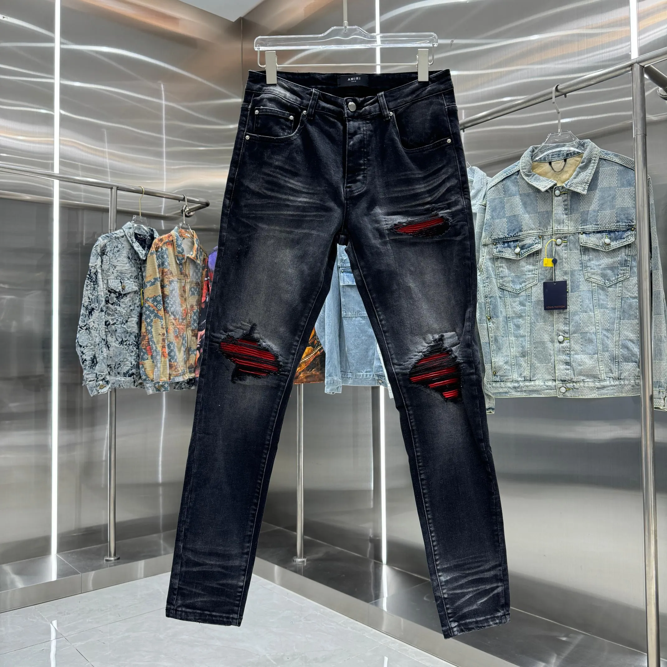 P290 Amiri ripped street fashion slim fit stretch jeans Color Black Size 30 32 34 36 38