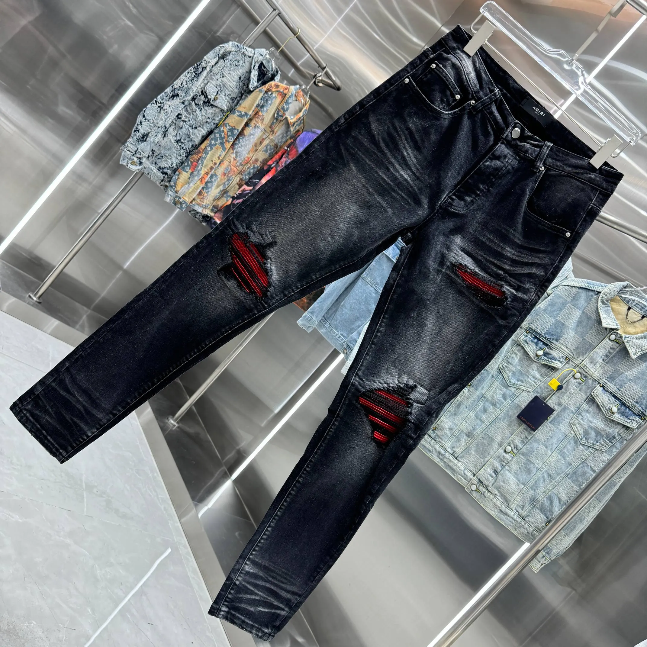 P290 Amiri ripped street fashion slim fit stretch jeans Color Black Size 30 32 34 36 38