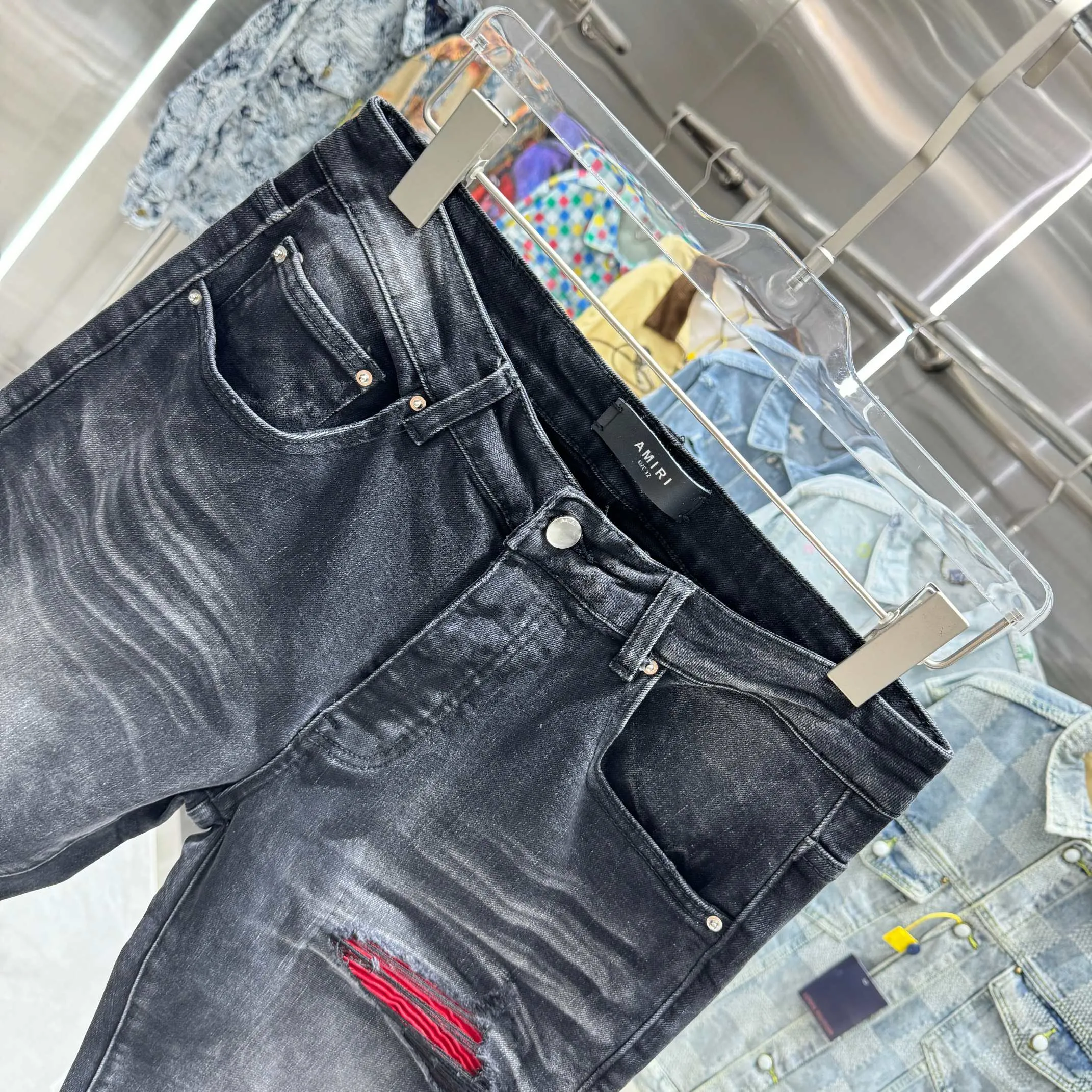 P290 Amiri ripped street fashion slim fit stretch jeans Color Black Size 30 32 34 36 38