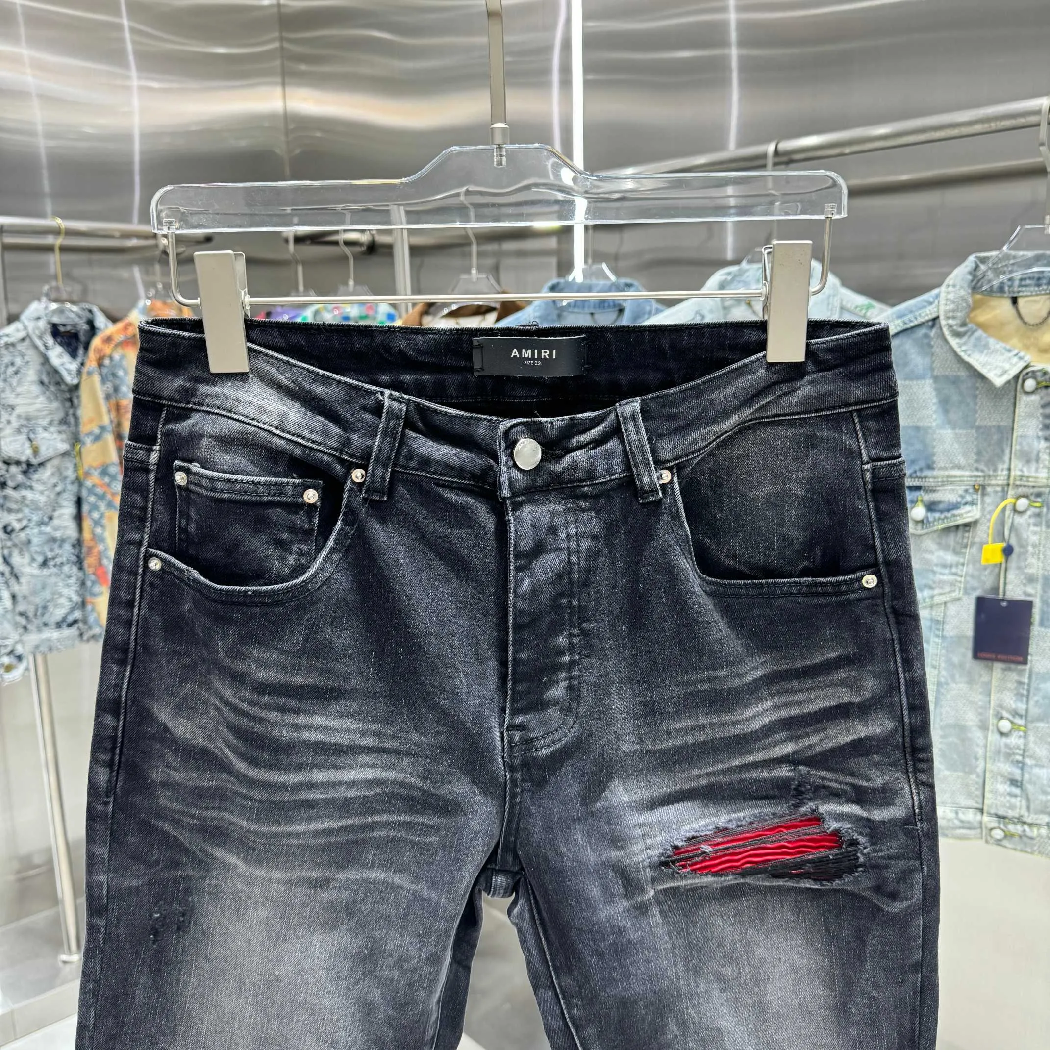 P290 Amiri ripped street fashion slim fit stretch jeans Color Black Size 30 32 34 36 38
