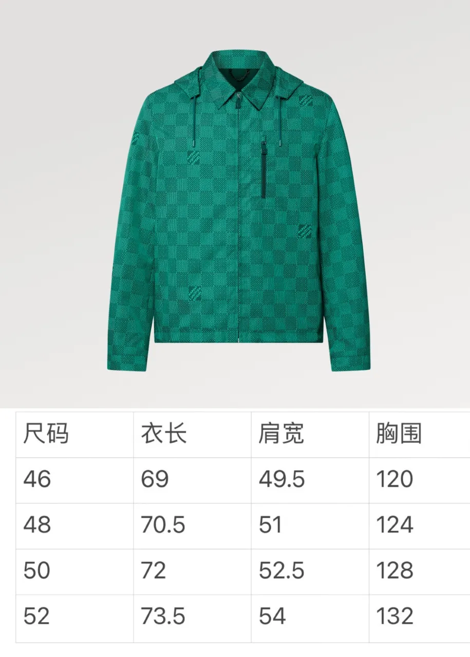 Size Chart LV Printed Nylon Hooded Windproof Jacket A harmonious blend of functional details and the season's nautical theme, this technical hooded windbreaker is elevated with an all-over Damier Monogram pattern, micro Monogram details and the Marque L.Vuitton Déposée logo. Fresh colors complete the casual design.  SMLXL
