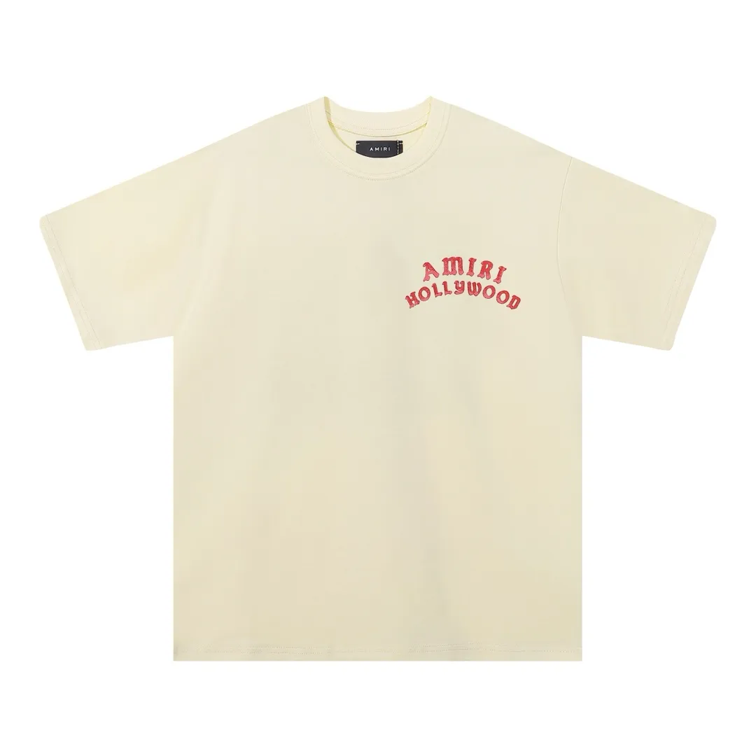 Style number: 749 P114 Fabric: 260g double yarn AMIRI 2025 spring and summer new logo round neck T-shirt high street men and women loose classic letter printed short sleeves Color: black. Apricot Size: S M L XL